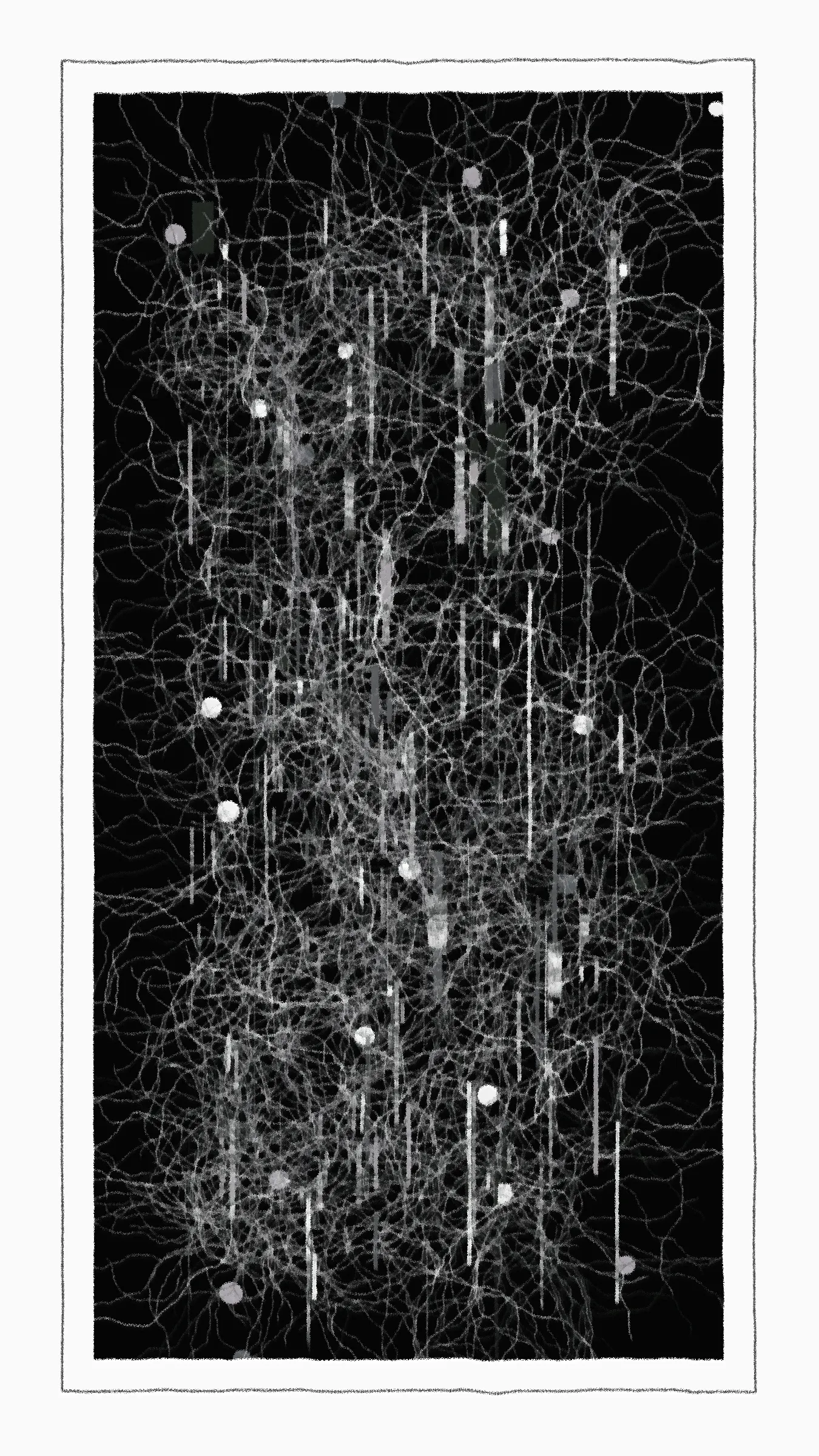 **"aaa"** is a generative art system inspired by abstract artists such as *Jackson Pollock*, *Brice Marden*, and *Kazimir Malevich*. Abstract art appeals to me over other forms because it compels the viewer to use their imagination. You could argue that this art form is like a mirror, a pieces perception being reflective of it’s observer. Similar to how red can symbolize anger, love, and danger. An abstract piece can evoke a multitude of feelings. I believe this to be a unique value of abstract art.

While a human can choose a colour to communicate a feeling, a machine lacks the cognitive ability to do so. Therefore, the program uses randomized probabilities in an attempt to create a wide array of styles. I have taken reference from the drawing styles of *K Malevich*, *Piet Mondrian*, *Brice Marden*, and *Joan Mitchell*. The styles demonstrated by these artists range from symmetric to loose and erratic, combined with 32 colour palettes compiled through experimentation and inspiration.

S - save image
Space - pause animation

Best viewed in 9:16 aspect ratio.
This original generative art was created with code.
*© 2023 fingacode*