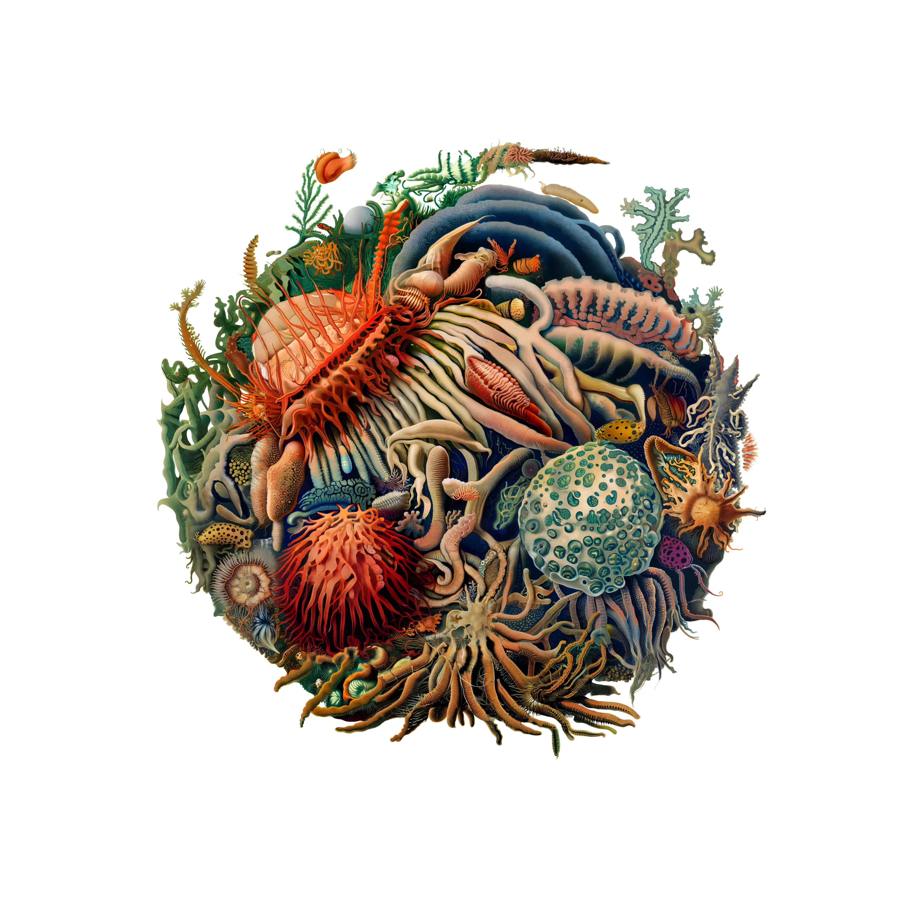When we examine even a tiny drop of water, we uncover thriving communities of life and interconnections. It is easy to see each drop as a self-contained world, bounded by surface tension. However, given the opportunity, even the smallest of these ecosystems will blend with other bodies of liquid, altering the life forms and composition within. This series represents a collection of samples taken from the same intertidal area of artificial life, forming a collection of microscopic worlds, all seemingly singular, yet patiently waiting for the chance to blend into something greater.
