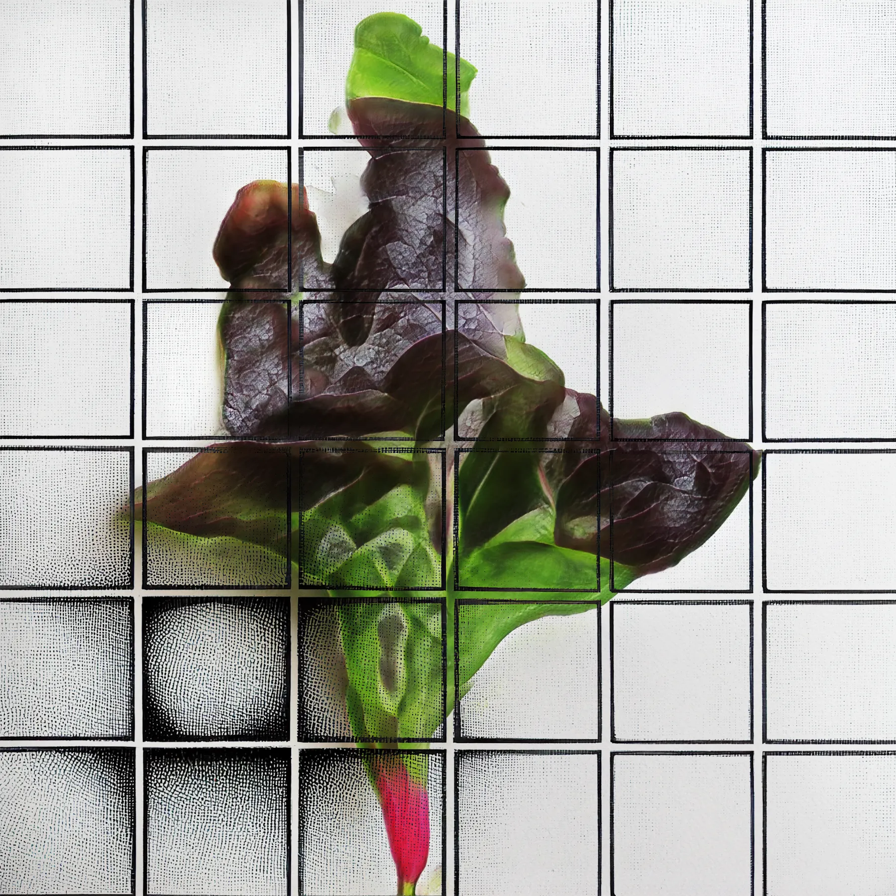 Welcome to NeuralBricolage's veGAN Grande Finale, a hundred and one new unique latenttuce cultivars, this time grown on generative geometric grids to provide a framework for their growth. The latenttuce project has started more than 4 years ago with the main goal to present humble and familiar vegetables afresh as unfamiliar and stunning. But oftentimes while pretty, salad leaves can’t stand on their own aesthetically - to show off their quiet organic beauty I contrasted it with the geometry of a grid adding it also as a metaphor for synergetic growth. As always, these cultivars are sourced from the NeuralBricolage terroir, ensuring their unique origin and quality. Enjoy the last harvest season!