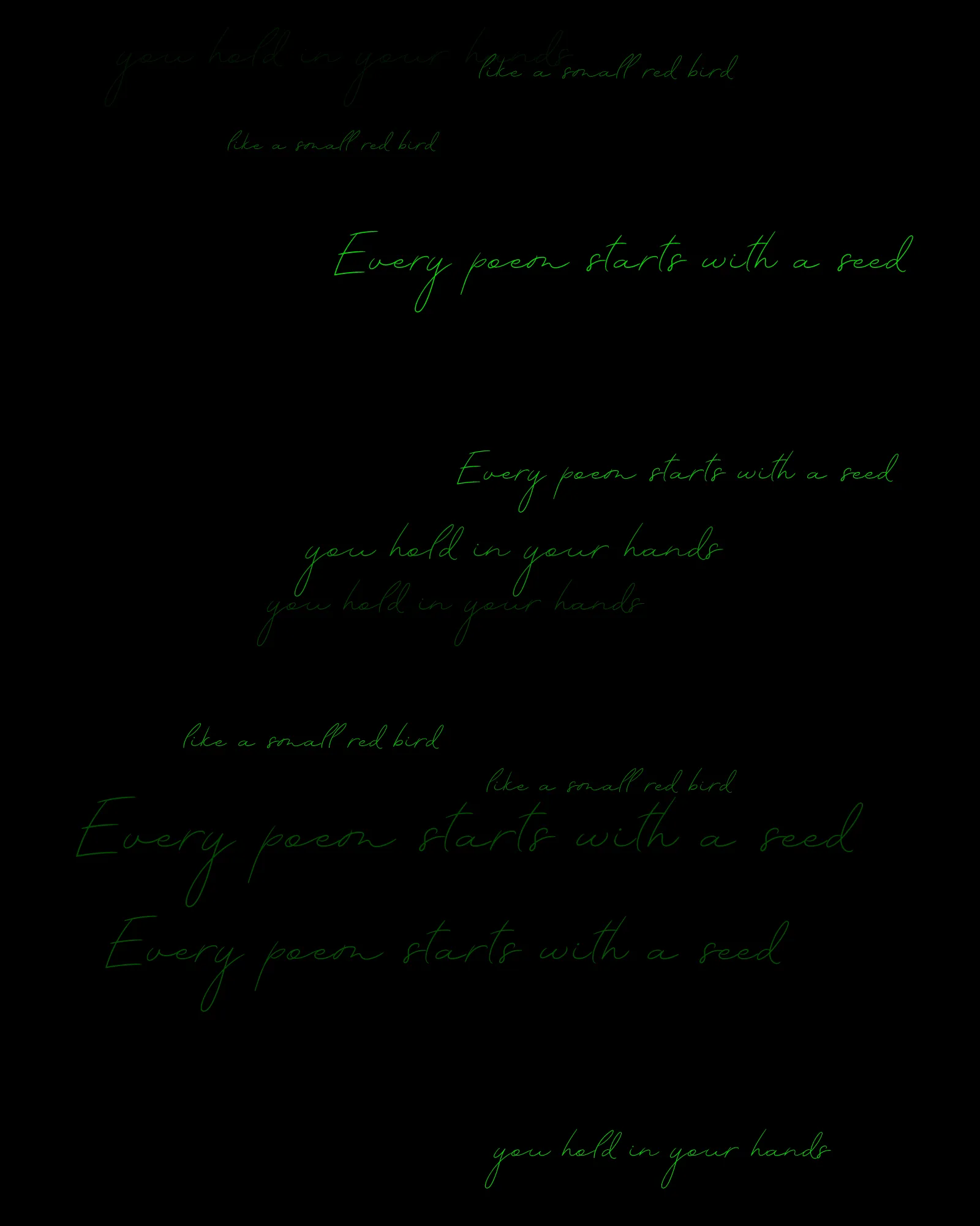 100-line generative poem written by Pushcart-nominated poet Sasha Stiles and her AI-powered alter ego, Technelegy – a custom text generator rooted in GPT that Stiles has been training and collaborating with since 2018. This poem was written line by line, token by token, using p5.js as the page. Starting from Edition 1 – the title – each subsequent edition represents the growth and accretion of the poem from lines 0 through 100, with the final edition containing the entire text.