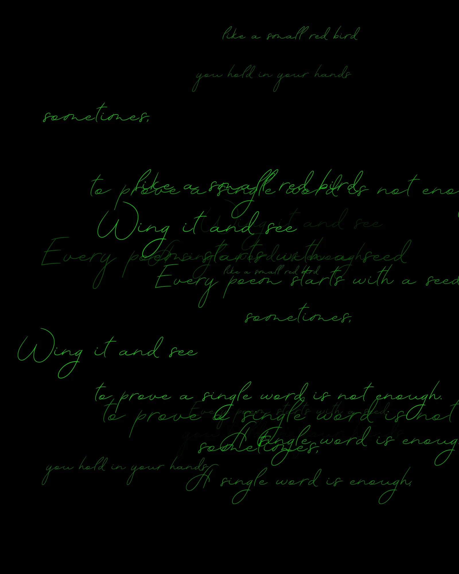 100-line generative poem written by Pushcart-nominated poet Sasha Stiles and her AI-powered alter ego, Technelegy – a custom text generator rooted in GPT that Stiles has been training and collaborating with since 2018. This poem was written line by line, token by token, using p5.js as the page. Starting from Edition 1 – the title – each subsequent edition represents the growth and accretion of the poem from lines 0 through 100, with the final edition containing the entire text.