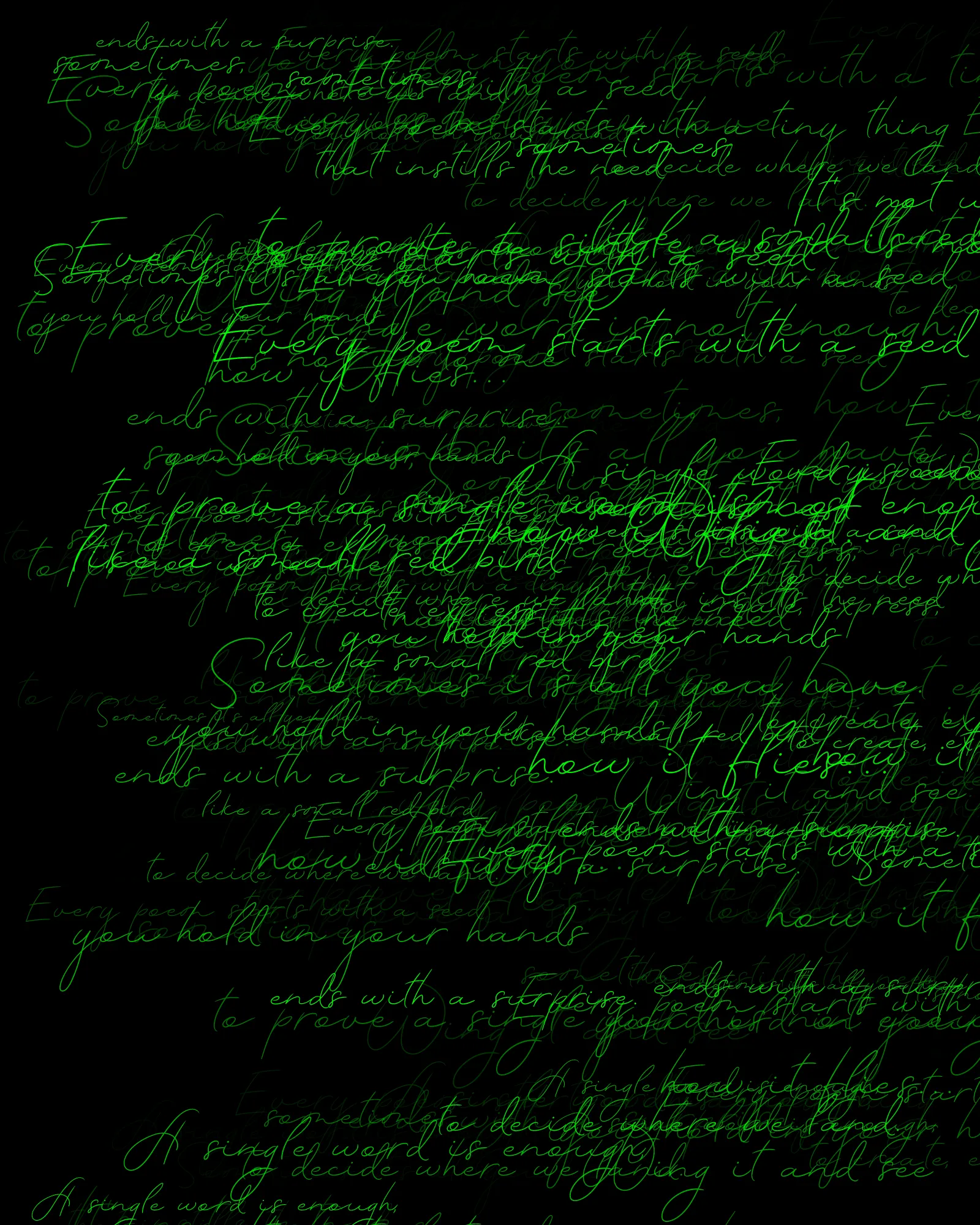 100-line generative poem written by Pushcart-nominated poet Sasha Stiles and her AI-powered alter ego, Technelegy – a custom text generator rooted in GPT that Stiles has been training and collaborating with since 2018. This poem was written line by line, token by token, using p5.js as the page. Starting from Edition 1 – the title – each subsequent edition represents the growth and accretion of the poem from lines 0 through 100, with the final edition containing the entire text.