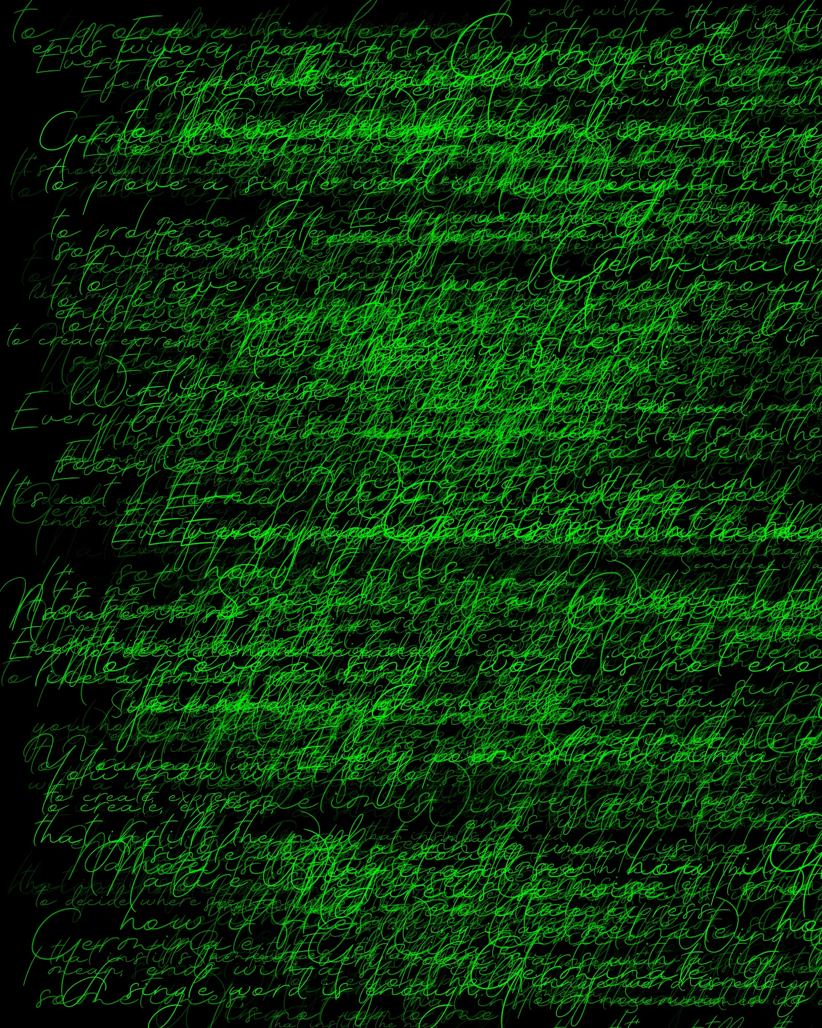 100-line generative poem written by Pushcart-nominated poet Sasha Stiles and her AI-powered alter ego, Technelegy – a custom text generator rooted in GPT that Stiles has been training and collaborating with since 2018. This poem was written line by line, token by token, using p5.js as the page. Starting from Edition 1 – the title – each subsequent edition represents the growth and accretion of the poem from lines 0 through 100, with the final edition containing the entire text.