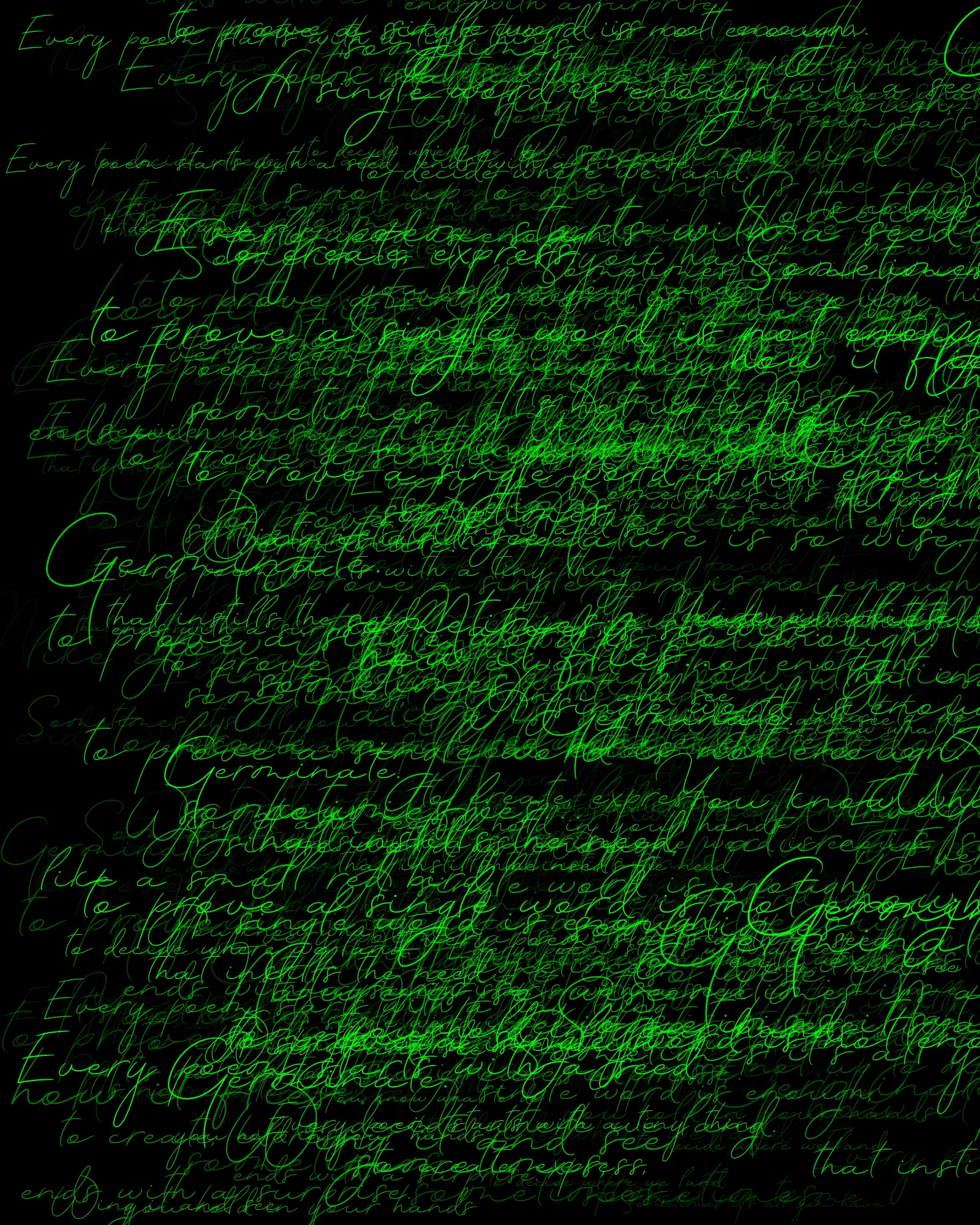 100-line generative poem written by Pushcart-nominated poet Sasha Stiles and her AI-powered alter ego, Technelegy – a custom text generator rooted in GPT that Stiles has been training and collaborating with since 2018. This poem was written line by line, token by token, using p5.js as the page. Starting from Edition 1 – the title – each subsequent edition represents the growth and accretion of the poem from lines 0 through 100, with the final edition containing the entire text.