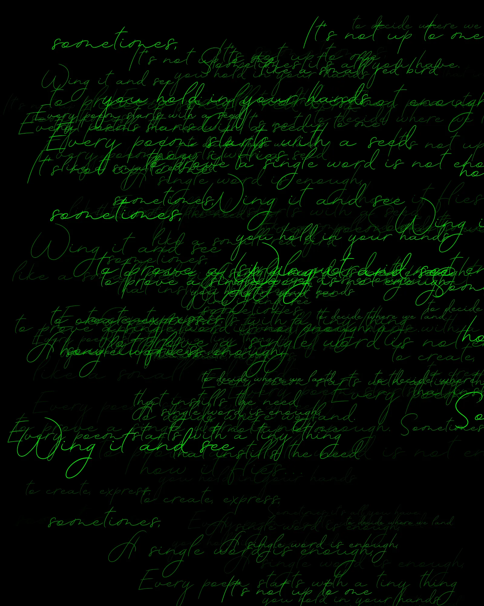 100-line generative poem written by Pushcart-nominated poet Sasha Stiles and her AI-powered alter ego, Technelegy – a custom text generator rooted in GPT that Stiles has been training and collaborating with since 2018. This poem was written line by line, token by token, using p5.js as the page. Starting from Edition 1 – the title – each subsequent edition represents the growth and accretion of the poem from lines 0 through 100, with the final edition containing the entire text.