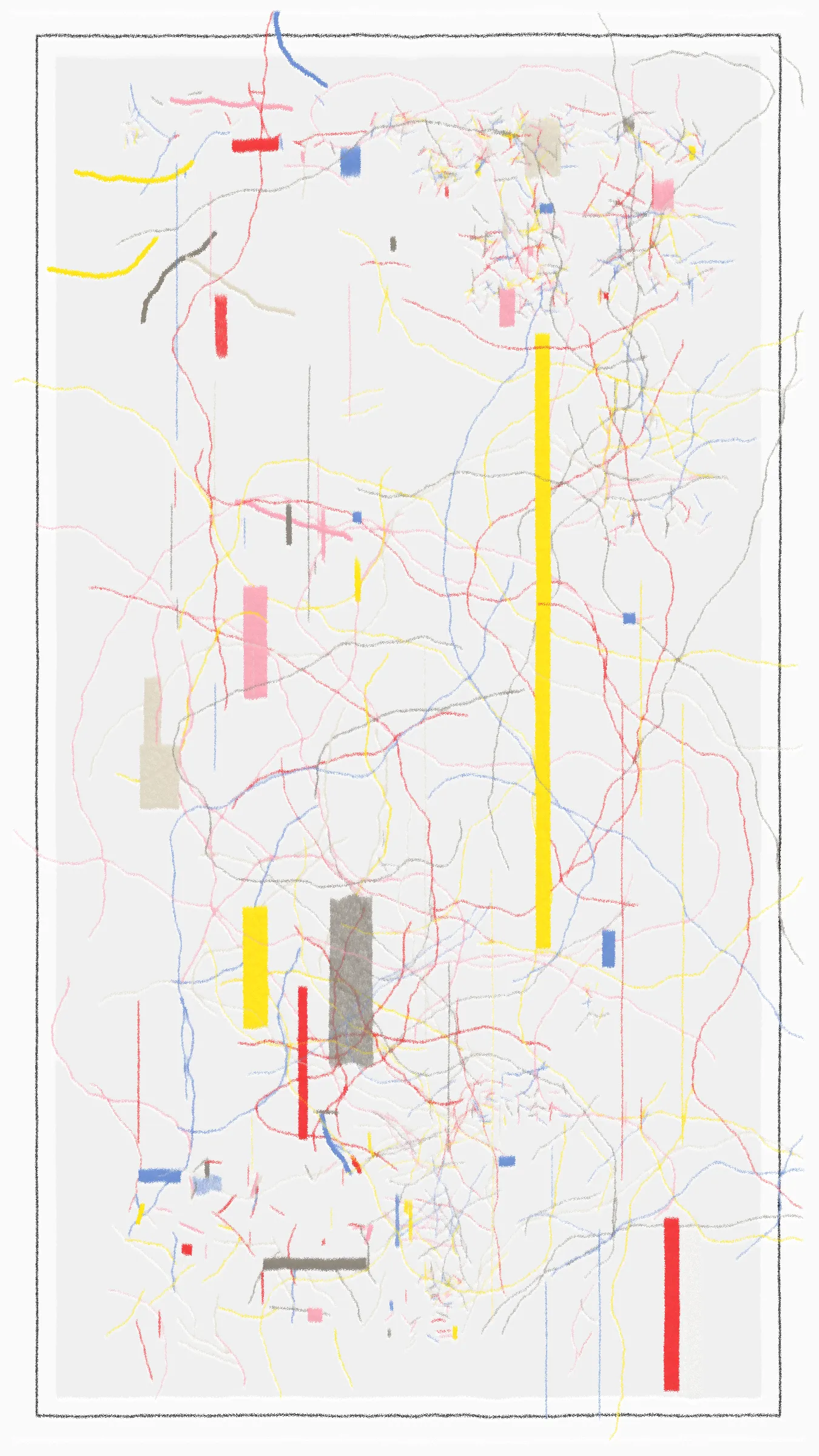 **"aaa"** is a generative art system inspired by abstract artists such as *Jackson Pollock*, *Brice Marden*, and *Kazimir Malevich*. Abstract art appeals to me over other forms because it compels the viewer to use their imagination. You could argue that this art form is like a mirror, a pieces perception being reflective of it’s observer. Similar to how red can symbolize anger, love, and danger. An abstract piece can evoke a multitude of feelings. I believe this to be a unique value of abstract art.

While a human can choose a colour to communicate a feeling, a machine lacks the cognitive ability to do so. Therefore, the program uses randomized probabilities in an attempt to create a wide array of styles. I have taken reference from the drawing styles of *K Malevich*, *Piet Mondrian*, *Brice Marden*, and *Joan Mitchell*. The styles demonstrated by these artists range from symmetric to loose and erratic, combined with 32 colour palettes compiled through experimentation and inspiration.

S - save image
Space - pause animation

Best viewed in 9:16 aspect ratio.
This original generative art was created with code.
*© 2023 fingacode*