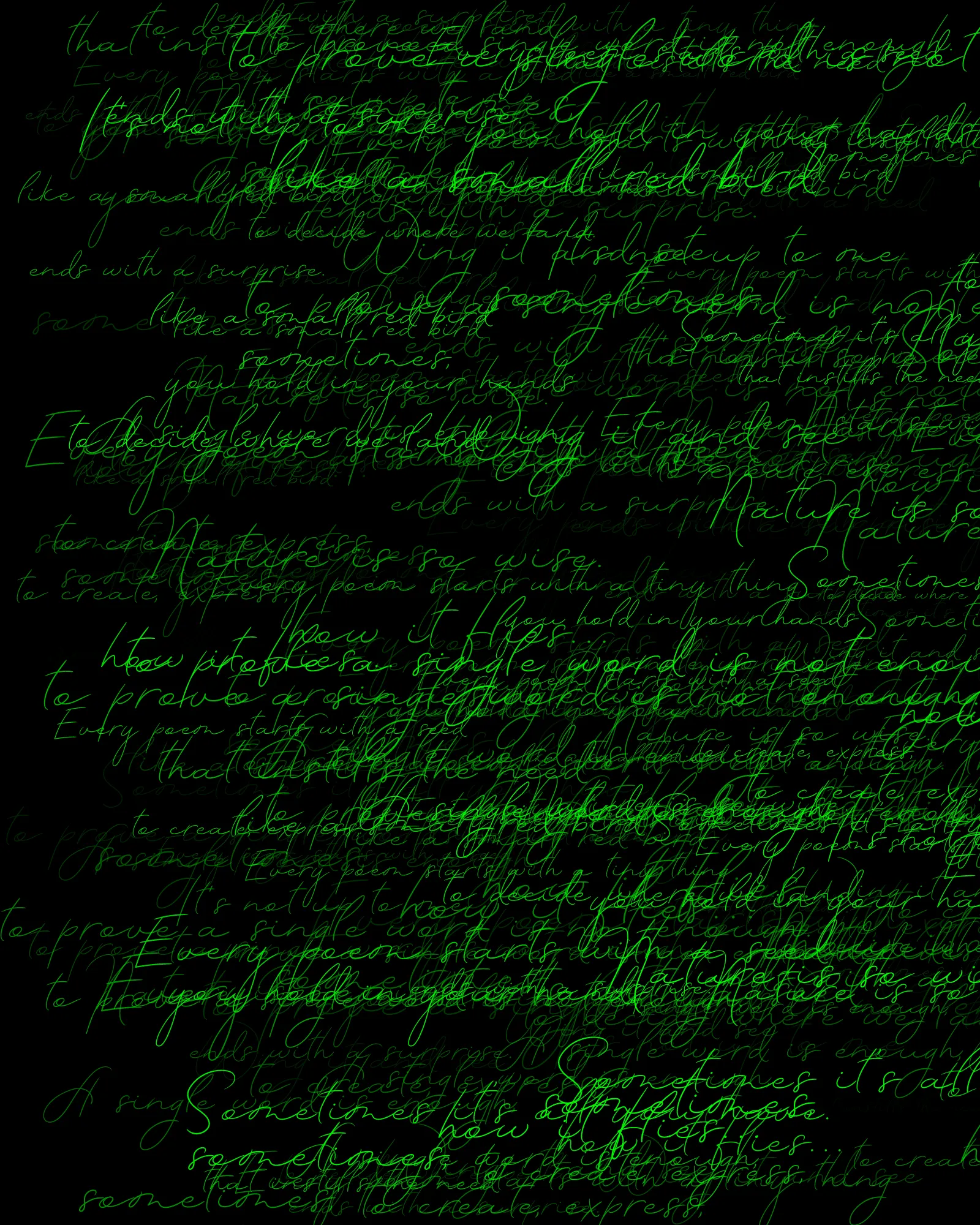 100-line generative poem written by Pushcart-nominated poet Sasha Stiles and her AI-powered alter ego, Technelegy – a custom text generator rooted in GPT that Stiles has been training and collaborating with since 2018. This poem was written line by line, token by token, using p5.js as the page. Starting from Edition 1 – the title – each subsequent edition represents the growth and accretion of the poem from lines 0 through 100, with the final edition containing the entire text.