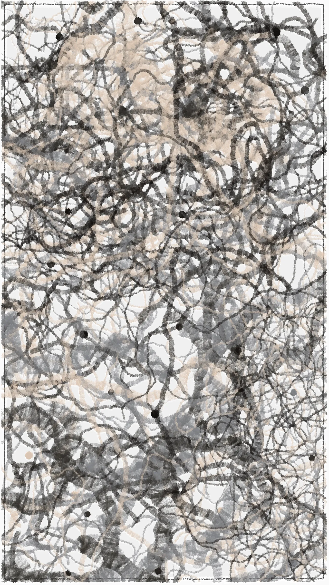 **"aaa"** is a generative art system inspired by abstract artists such as *Jackson Pollock*, *Brice Marden*, and *Kazimir Malevich*. Abstract art appeals to me over other forms because it compels the viewer to use their imagination. You could argue that this art form is like a mirror, a pieces perception being reflective of it’s observer. Similar to how red can symbolize anger, love, and danger. An abstract piece can evoke a multitude of feelings. I believe this to be a unique value of abstract art.

While a human can choose a colour to communicate a feeling, a machine lacks the cognitive ability to do so. Therefore, the program uses randomized probabilities in an attempt to create a wide array of styles. I have taken reference from the drawing styles of *K Malevich*, *Piet Mondrian*, *Brice Marden*, and *Joan Mitchell*. The styles demonstrated by these artists range from symmetric to loose and erratic, combined with 32 colour palettes compiled through experimentation and inspiration.

S - save image
Space - pause animation

Best viewed in 9:16 aspect ratio.
This original generative art was created with code.
*© 2023 fingacode*
