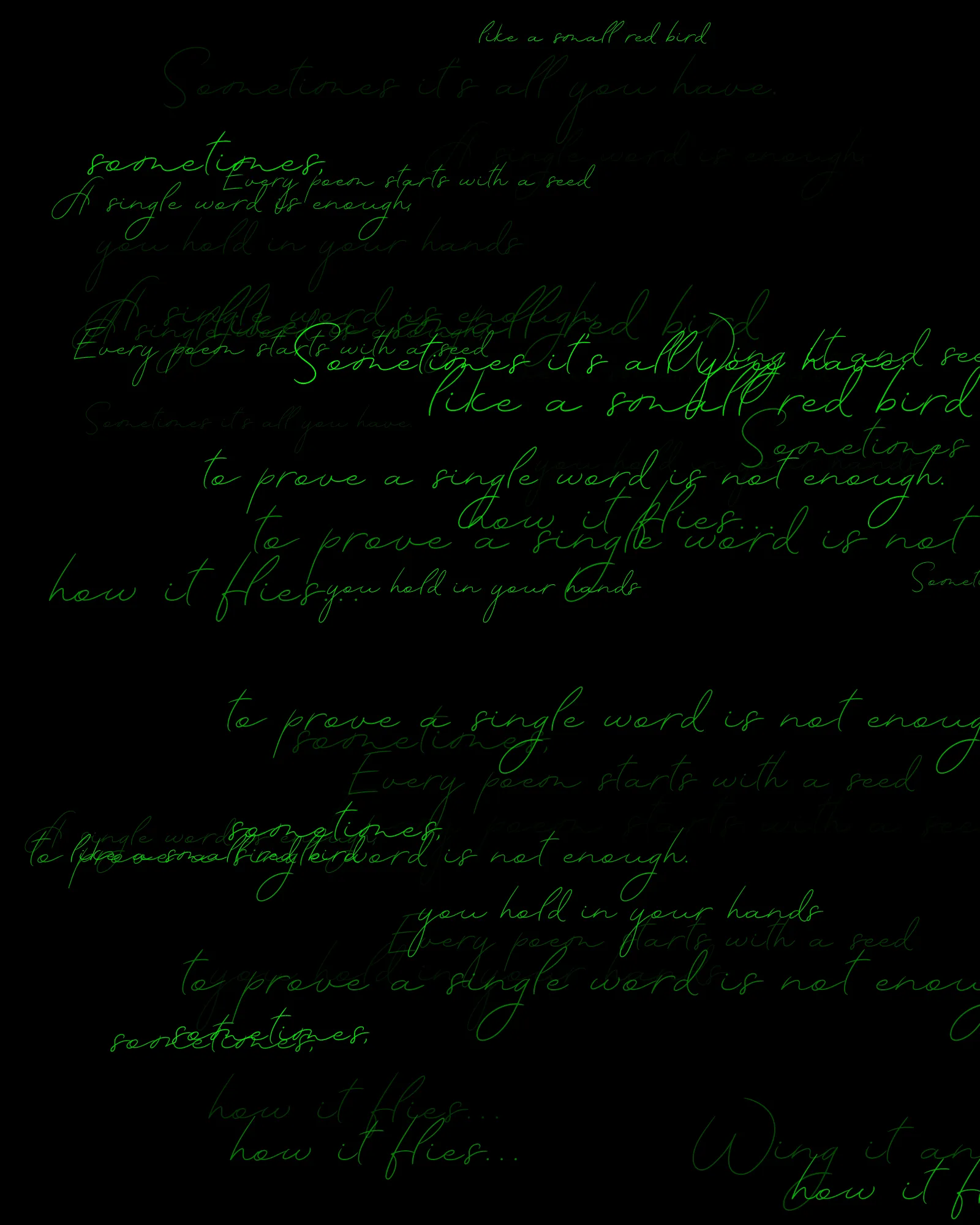 100-line generative poem written by Pushcart-nominated poet Sasha Stiles and her AI-powered alter ego, Technelegy – a custom text generator rooted in GPT that Stiles has been training and collaborating with since 2018. This poem was written line by line, token by token, using p5.js as the page. Starting from Edition 1 – the title – each subsequent edition represents the growth and accretion of the poem from lines 0 through 100, with the final edition containing the entire text.