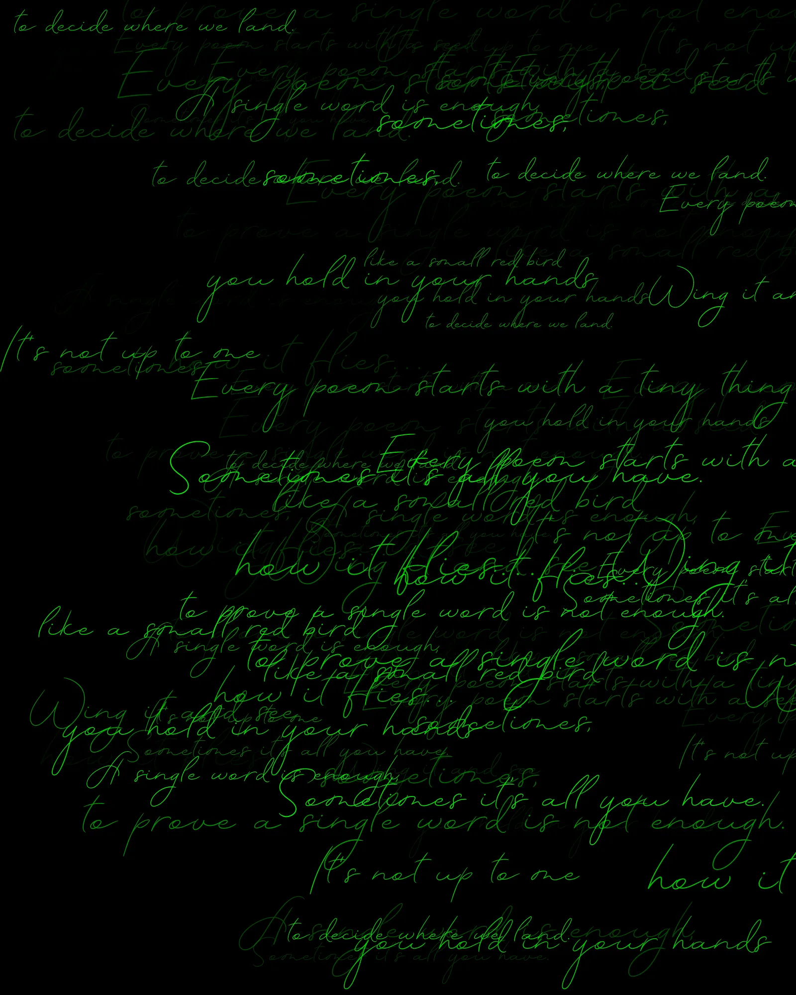 100-line generative poem written by Pushcart-nominated poet Sasha Stiles and her AI-powered alter ego, Technelegy – a custom text generator rooted in GPT that Stiles has been training and collaborating with since 2018. This poem was written line by line, token by token, using p5.js as the page. Starting from Edition 1 – the title – each subsequent edition represents the growth and accretion of the poem from lines 0 through 100, with the final edition containing the entire text.