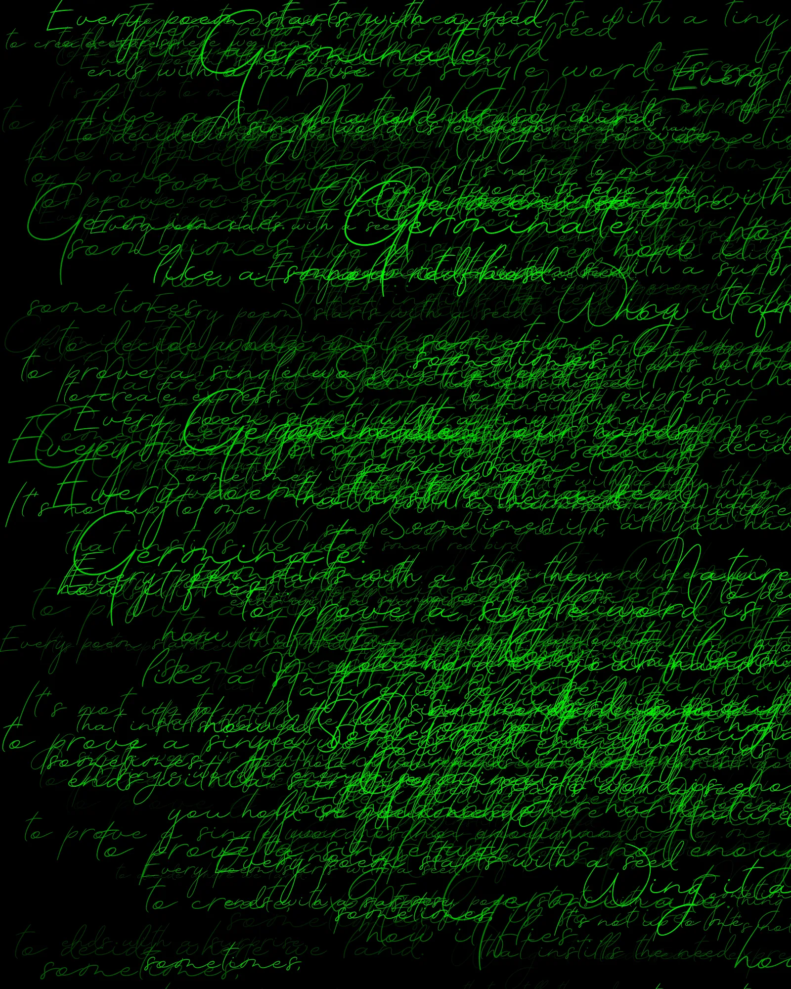 100-line generative poem written by Pushcart-nominated poet Sasha Stiles and her AI-powered alter ego, Technelegy – a custom text generator rooted in GPT that Stiles has been training and collaborating with since 2018. This poem was written line by line, token by token, using p5.js as the page. Starting from Edition 1 – the title – each subsequent edition represents the growth and accretion of the poem from lines 0 through 100, with the final edition containing the entire text.