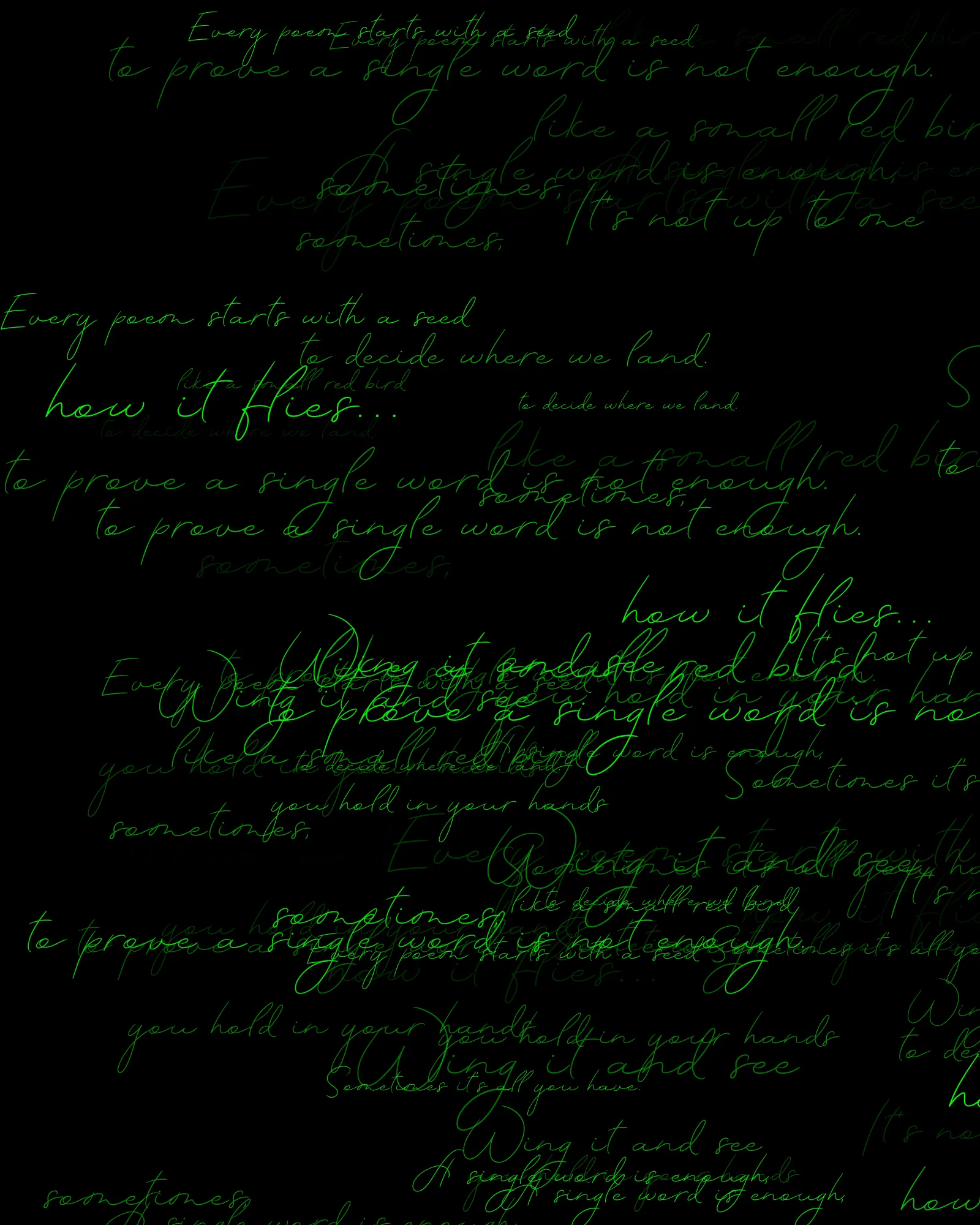 100-line generative poem written by Pushcart-nominated poet Sasha Stiles and her AI-powered alter ego, Technelegy – a custom text generator rooted in GPT that Stiles has been training and collaborating with since 2018. This poem was written line by line, token by token, using p5.js as the page. Starting from Edition 1 – the title – each subsequent edition represents the growth and accretion of the poem from lines 0 through 100, with the final edition containing the entire text.