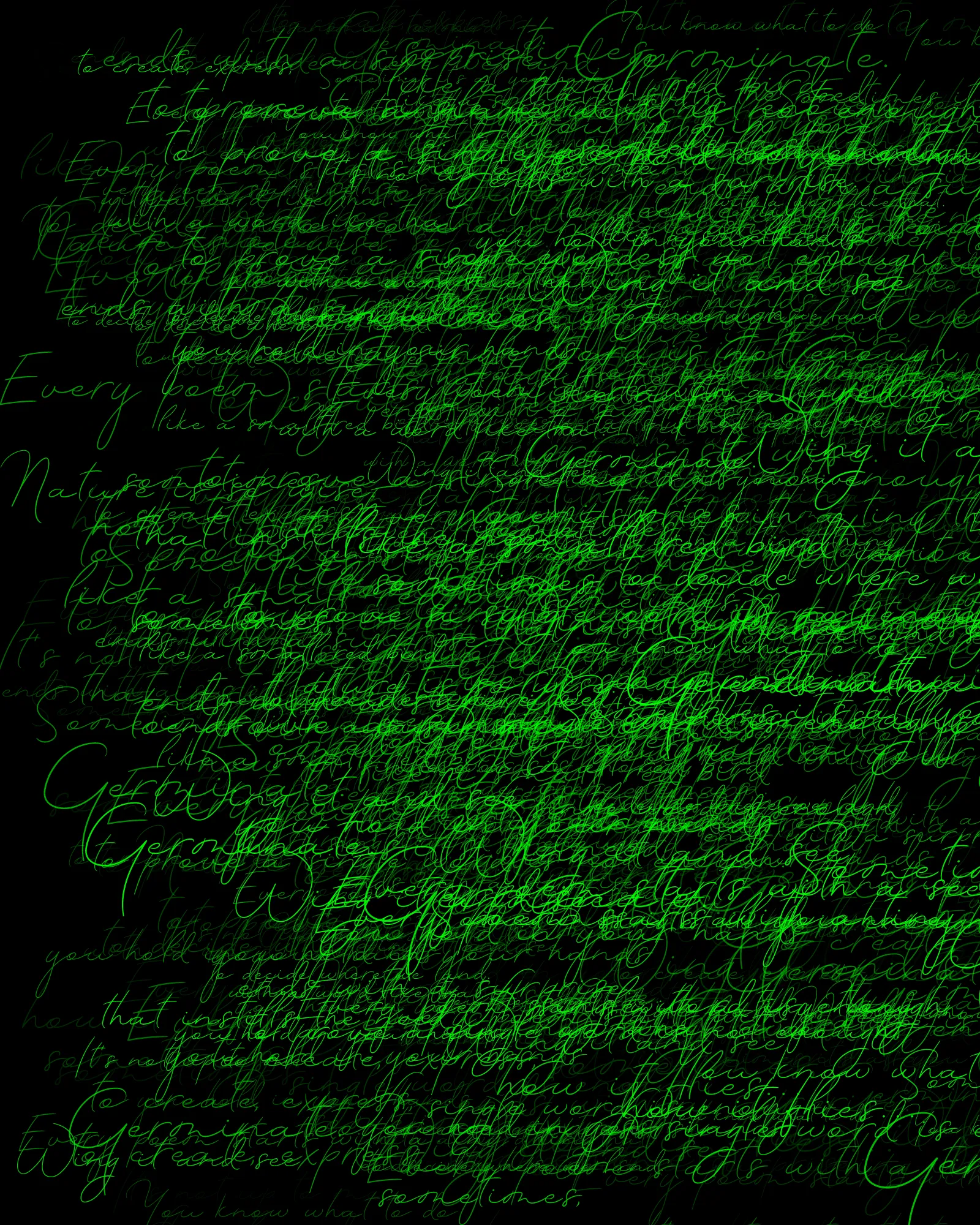 100-line generative poem written by Pushcart-nominated poet Sasha Stiles and her AI-powered alter ego, Technelegy – a custom text generator rooted in GPT that Stiles has been training and collaborating with since 2018. This poem was written line by line, token by token, using p5.js as the page. Starting from Edition 1 – the title – each subsequent edition represents the growth and accretion of the poem from lines 0 through 100, with the final edition containing the entire text.