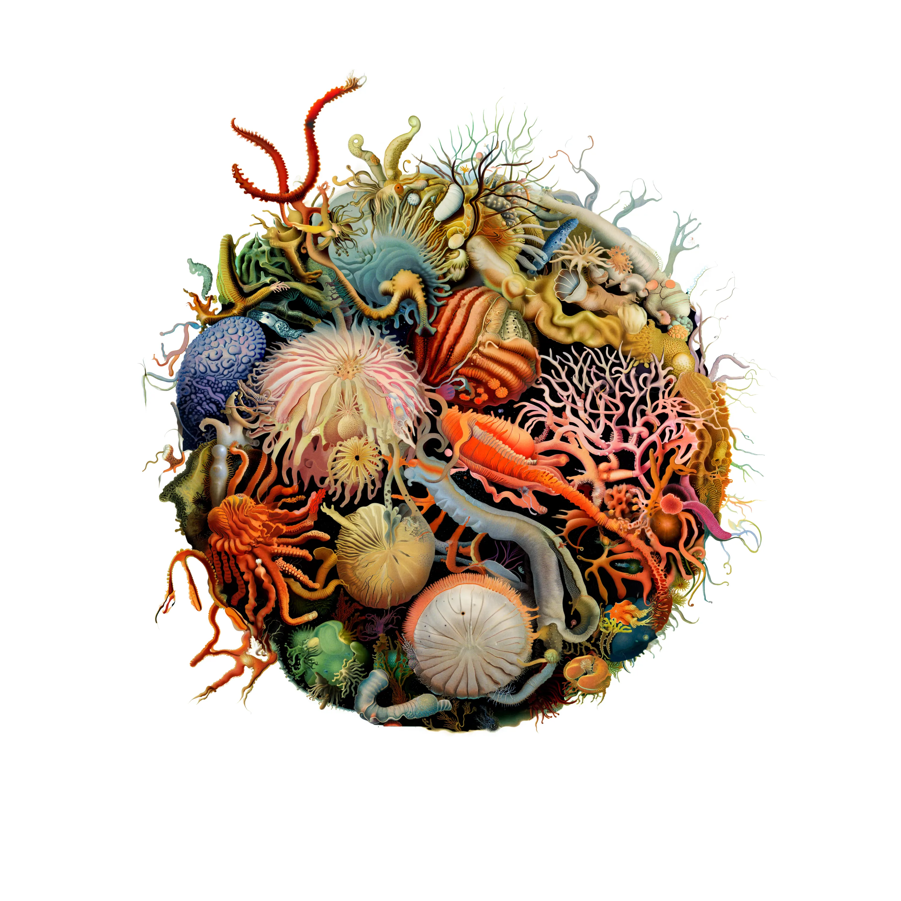 When we examine even a tiny drop of water, we uncover thriving communities of life and interconnections. It is easy to see each drop as a self-contained world, bounded by surface tension. However, given the opportunity, even the smallest of these ecosystems will blend with other bodies of liquid, altering the life forms and composition within. This series represents a collection of samples taken from the same intertidal area of artificial life, forming a collection of microscopic worlds, all seemingly singular, yet patiently waiting for the chance to blend into something greater.