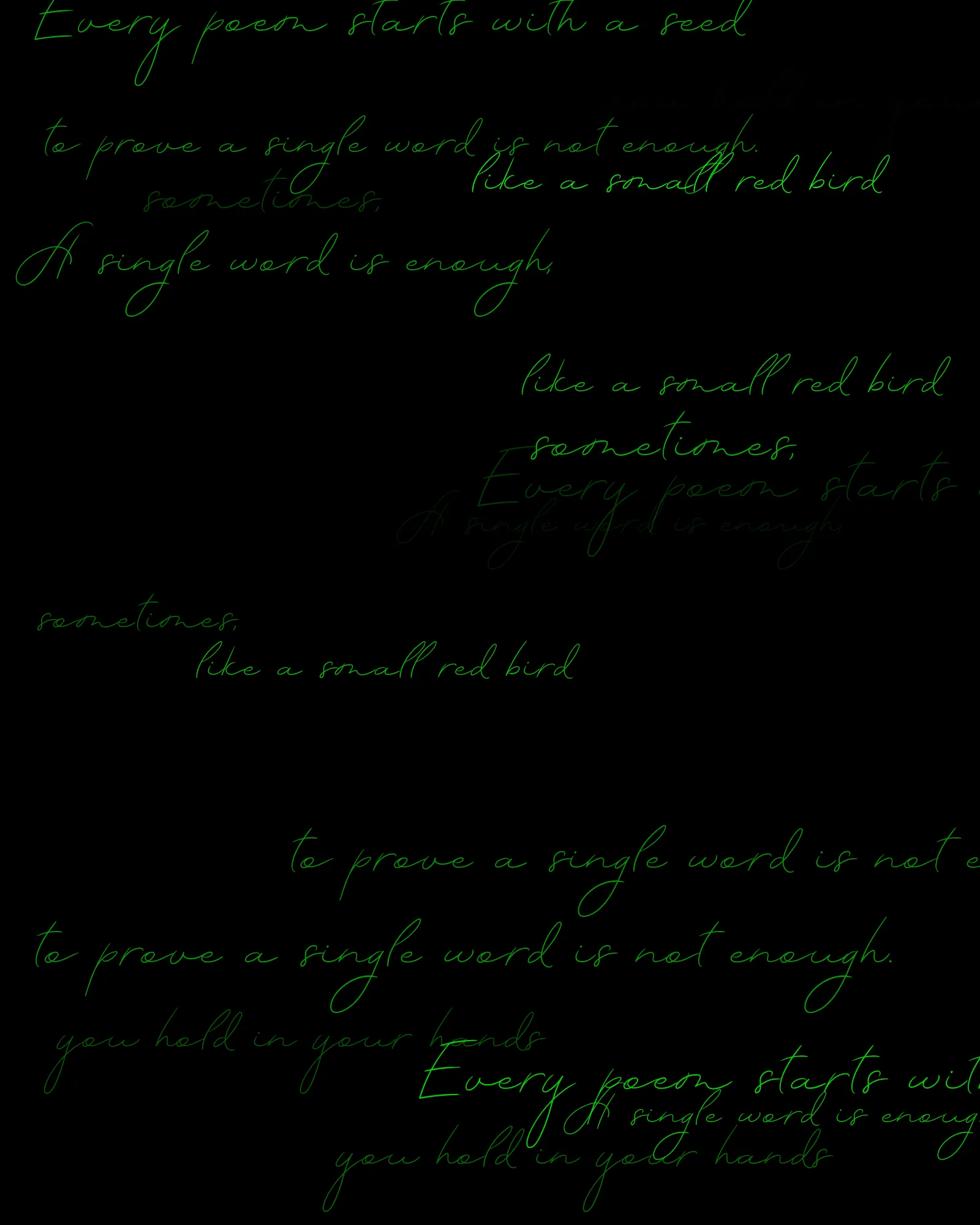 100-line generative poem written by Pushcart-nominated poet Sasha Stiles and her AI-powered alter ego, Technelegy – a custom text generator rooted in GPT that Stiles has been training and collaborating with since 2018. This poem was written line by line, token by token, using p5.js as the page. Starting from Edition 1 – the title – each subsequent edition represents the growth and accretion of the poem from lines 0 through 100, with the final edition containing the entire text.