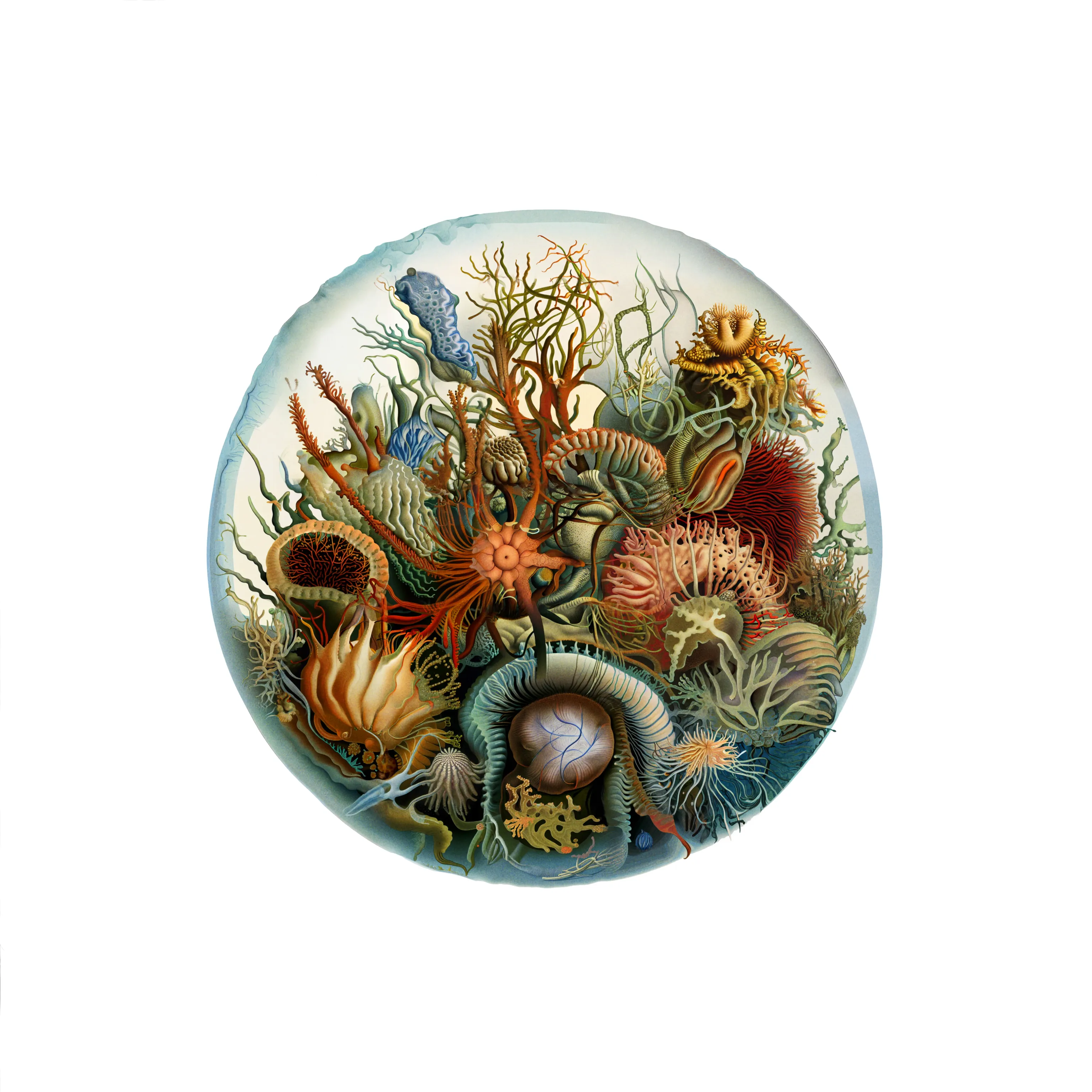 When we examine even a tiny drop of water, we uncover thriving communities of life and interconnections. It is easy to see each drop as a self-contained world, bounded by surface tension. However, given the opportunity, even the smallest of these ecosystems will blend with other bodies of liquid, altering the life forms and composition within. This series represents a collection of samples taken from the same intertidal area of artificial life, forming a collection of microscopic worlds, all seemingly singular, yet patiently waiting for the chance to blend into something greater.