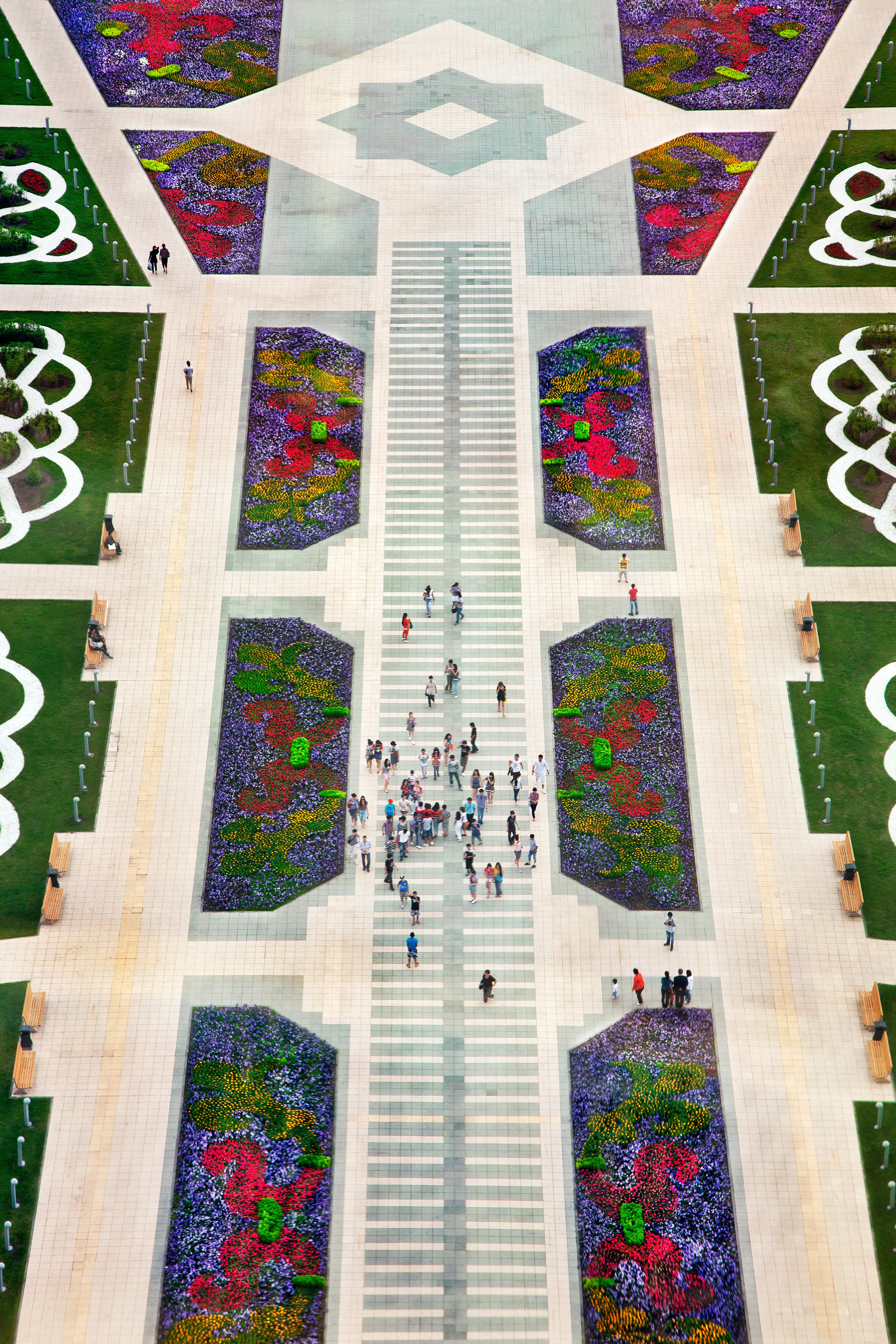 A neoclassical grand boulevard runs through Nur-Sultan’s (Astana) central business district. The decorative geometric patterns derive from traditional Kazakh motifs. (by Ryan Koopmans - Kazakhstan, 2011)