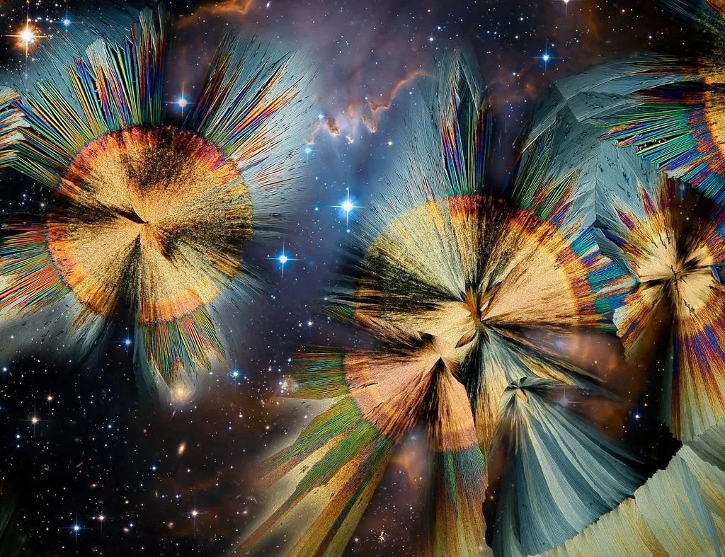 Kristallisation von Acenaphten im Polarisationsmikroskop kombiniert mit einer Astroaufnahme der NASA.
„Wie durch unterschiedliche Töne eine wunderbare Melodie erklingen kann, so lassen uns die unendlichen Formen der Kristalle als galaktische Visionen die harmonischen Strukturen des Universums erahnen. Ausgehend vom Urknall, der Entstehung kosmischer Nebel als Geburtsstätten der ersten Bausteine des Lebens bis hin zu farben- und formenreichen Flugvisionen über den Kristallplanten mit den außergewöhnlichsten konkreten Kleinstformen des Mikrokosmos. “ (Manfred P. Kage)
Zu den wichtigsten Pionierarbeiten und Erfindungen Prof. Manfred P. Kages zählte u.a. der 1957 erfundene „Polychromator“, eine Art optischer Synthesizer für die Mikrofotografie, der bis heute weltweit einzigartig ist. Kages kristalloptische Bildwerke der Reihe „Mikroversum der Kristalle“ kreierte er mit Hilfe dieses optischen Gerätes. 
Die Ästhetik der allerkleinsten Mikro-Welten visuell aufzudecken und den Betrachtern seiner Werke greifbar nahezubringen, das Unsichtbare und Verborgene sichtbar zu machen und den Mikro- mit dem Meso- und Makrokosmos miteinander verschmelzen zu lassen, hatte sich Kage seit jeher zur künstlerisch-anspruchsvollen Aufgabe gemacht. Kage beleuchtet das Unbekannte und Verborgene, die exotischen Ornamente des Lebens und Metamorphosen unserer Welt, die unumgängliche Verbindung unserer menschlichen Existenz mit der Natur und dem Kosmos– eingebettet in den „allumfassenden Rhythmus von Chaos und Ordnung“.
Prof. Manfred P. Kage wird heute ferner als einer der wichtigsten Multimediapioniere weltweit genannt. Mit seiner bahnbrechenden Erfindung des "Optischen Konzerts" von 1958 und dessen einzigartigen „Science-Art—Lichtkunst-Visionen“ umspannte Kage und umspannt sein Familienkünstlerkollektiv „K4i“ auch heute die ganze Bandbreite der optisch-visuellen Darstellungen. 
Bereits seit 1959 wurde das "Optische Konzert" mit eigens hierfür von M. P. Kage gebauten Effektprojektoren in Echtzeit wie eine Art Klaviatur in Verbindung mit interaktiv dazu gespielter Musik präsentiert.


[View High-Res Artwork on Arweave](https://arweave.net/VpeX1aav9x9x_8Ft8GUuWdV7GW-BZcq8wu-ABSxC_4o/original.png)