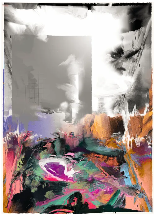 "Big Red: An Ode to '69"
2023

1/1

Digital painting, photography, physical texture extraction and pixel manipulation.

4200x5865px at 300dpi

An ode to the 1969 exhibition of 69 artists "When Attitudes Become Form" - curated by Harald Szeemann and reimagined for the show "From Thought To Form" by the Flannel Collective.

As an artist who’s process often outweighs the provenance of the aesthetics of the “final piece” - with experience (both of the artist and the audience) being more important and the conversation the final output encourages being the highlight; I remember studying this exhibition during my Masters degree and it’s an honour to have been invited to participate again.

Process Art isn’t necessarily how I would term my work, however to encapsulate everything that goes into it the titling fits the brief.

John Knopf and I went exploring in the Dubai desert and this piece uses photography captured while exploring “Big Red” - both as the colour grading palette but also for the data rendering and pixel manipulation. 

All of my work begins with an experience, whether that be listening to or performing a certain piece of music; or getting out into the wilderness and immersing myself in the surroundings. It’s becoming apparent to me how much vibrational frequency is important in my work - from both my physical paintings and digital paintings/installations - and it’s these moments I try to capture.

From here, I rendered some physical painting movements into Procreate - layered with some digital painting layers and ran them through a sequence in After Effects and Resolume which allows me to run audio data through visual outputs. 

“From Thought To Form” was a title with a loaded question to me - how do I see work before it becomes a tangible entity. From subconscious, into consciousness, intangible to tangible. I decided to experiment with manipulating the colour fields to represent how things come to life for me visually; black and white into hyper-saturation. 

I minted this piece into my SuperRare collection because for me, the intention behind the exhibition and the shifting form of the curator/patron in this space carries a lot of weight. 

I haven’t seen an exhibition like this take place within the crypto art space; so a huge congratulations to Flannel Capital and the Flannel Collective team for suggesting and pulling off what I feel is a landmark moment in the history of this space.

27/03/23