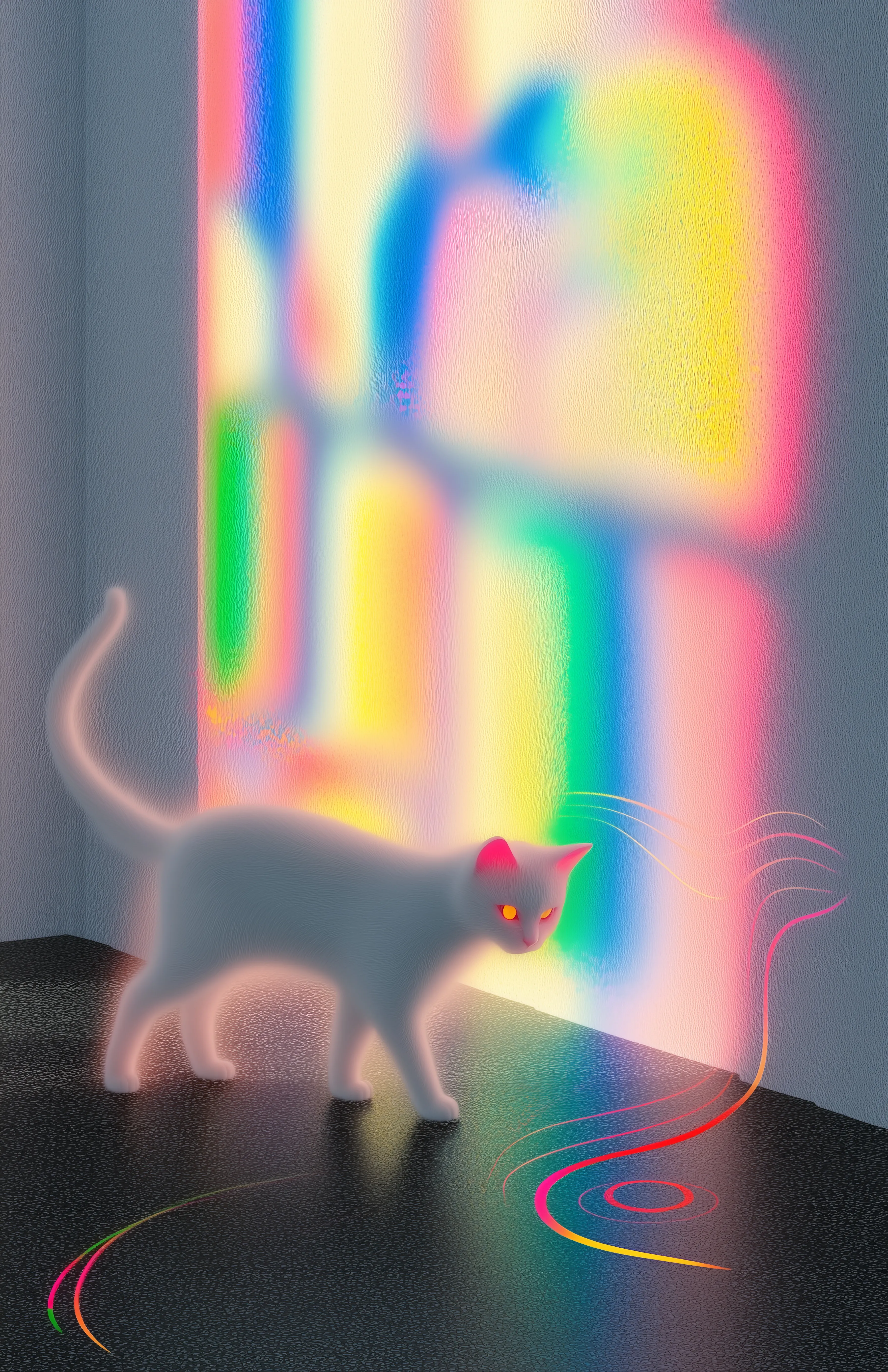 A white cat glows softly in a room lit by rainbow reflections, moving through a space that feels both real and ethereal. It’s a moment where light and shadow blur, hinting at unseen dimensions.