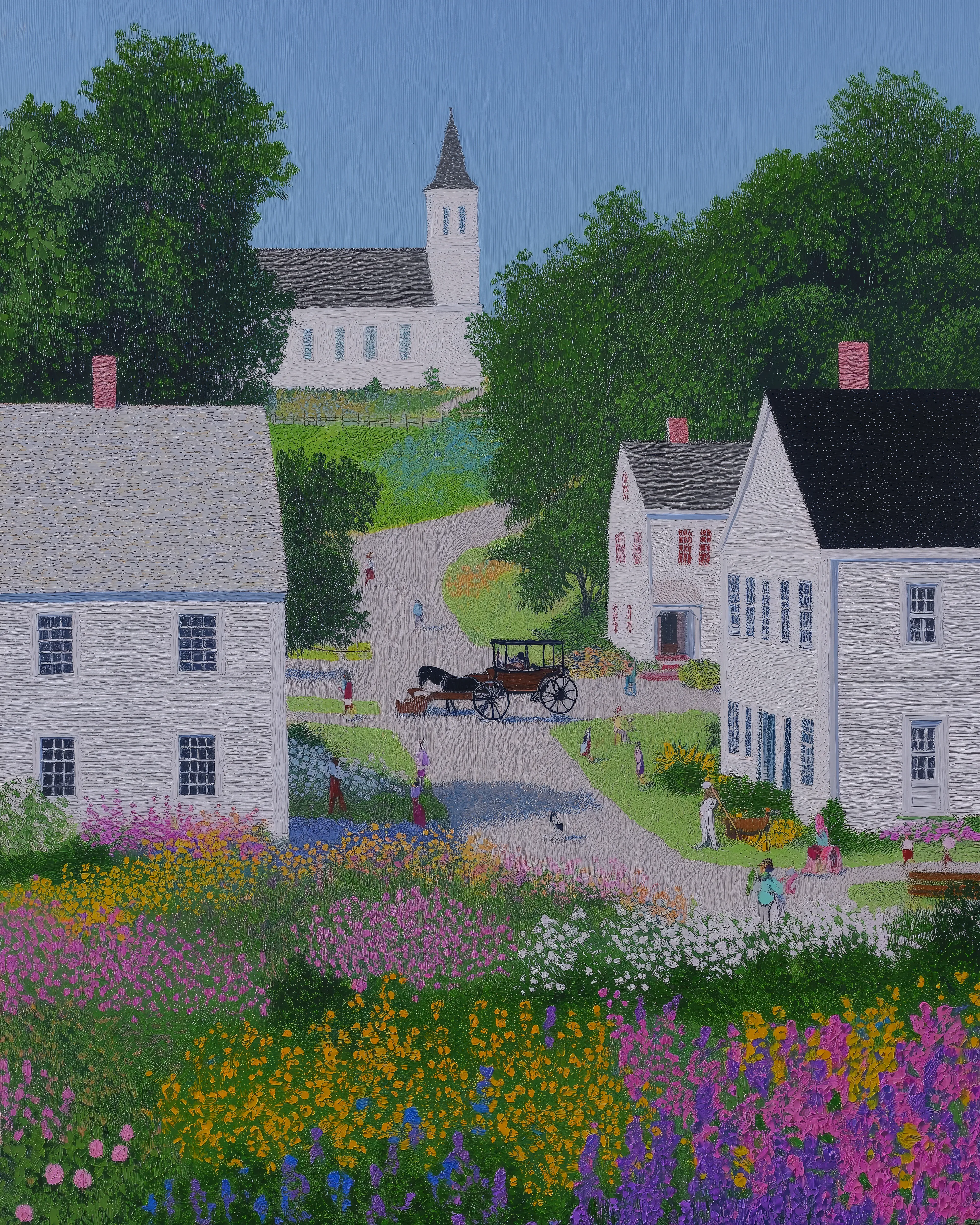 A peaceful village scene, where nature and quiet streets coexist harmoniously. The soft colors and blooming fields evoke a sense of timeless simplicity and tranquility.