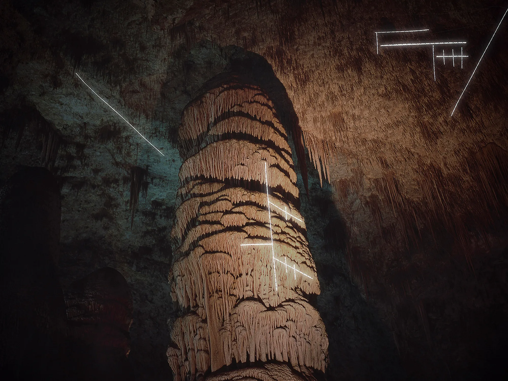 In this series I create geometric gestures in the landscape reminiscent of cave paintings to illustrate the complex relationship between language and abstraction blurring subjective interpretation and communal understanding. Caves and landscapes are uncivilized spaces free from cultural baggage, places that need no language, sites for the viewer to interpret freely, devoid of iconographic logic. The reflective safety tape that creates these shapes references my larger practice dealing with immigrant labor and construction work often performed by Latin American immigrants in the US. In English double negatives cancel one another and produce an affirmative, but in Spanish, they intensify the negation. Negative Concord conveys the struggle to meaningfully translate our human experience across languages and cultures. Now as part of the blockchain, these photographic NFTs become metaphors for this new, virtual landscape that is simultaneously being created, explored, and interpreted.