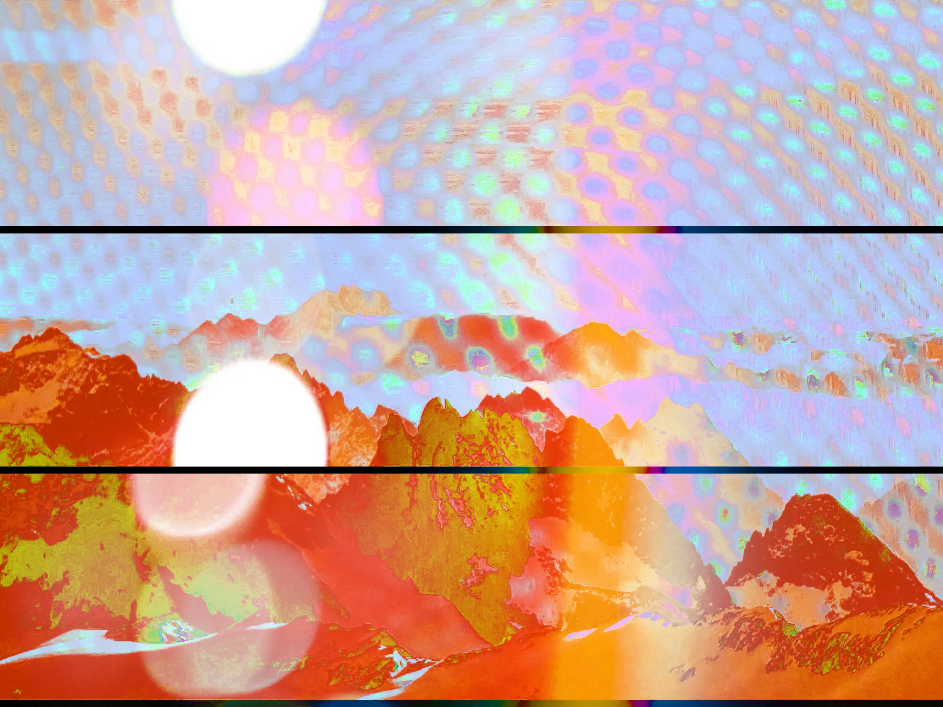 Assembly presents *Range: Of Swiss Fort Knox* by Penelope Umbrico. Building on her Range series, this collection was made specifically for the blockchain and focuses on Swiss Fort Knox, an underground data center in the Swiss Alps that provides "long-term access to our digital cultural and scientific assets." After sourcing internet images tagged “Swiss Fort Knox,” she photographs the images on the screen with her iPhone, processing them through the camera app filters that simulate “mistakes” of analogue photography. Hallucinogenic colors blend with disorienting effects of the device’s gravity sensor to dislodge any perception of stability in the mountain, the data center, and the photographic medium. The data center (a contemporary cultural repository) melds with the supposed stability of the mountain range (one of the oldest sites of spiritual contemplation) and is destabilized through the generative changes of each iteration, yet now remains fixed in time through the blockchain.
