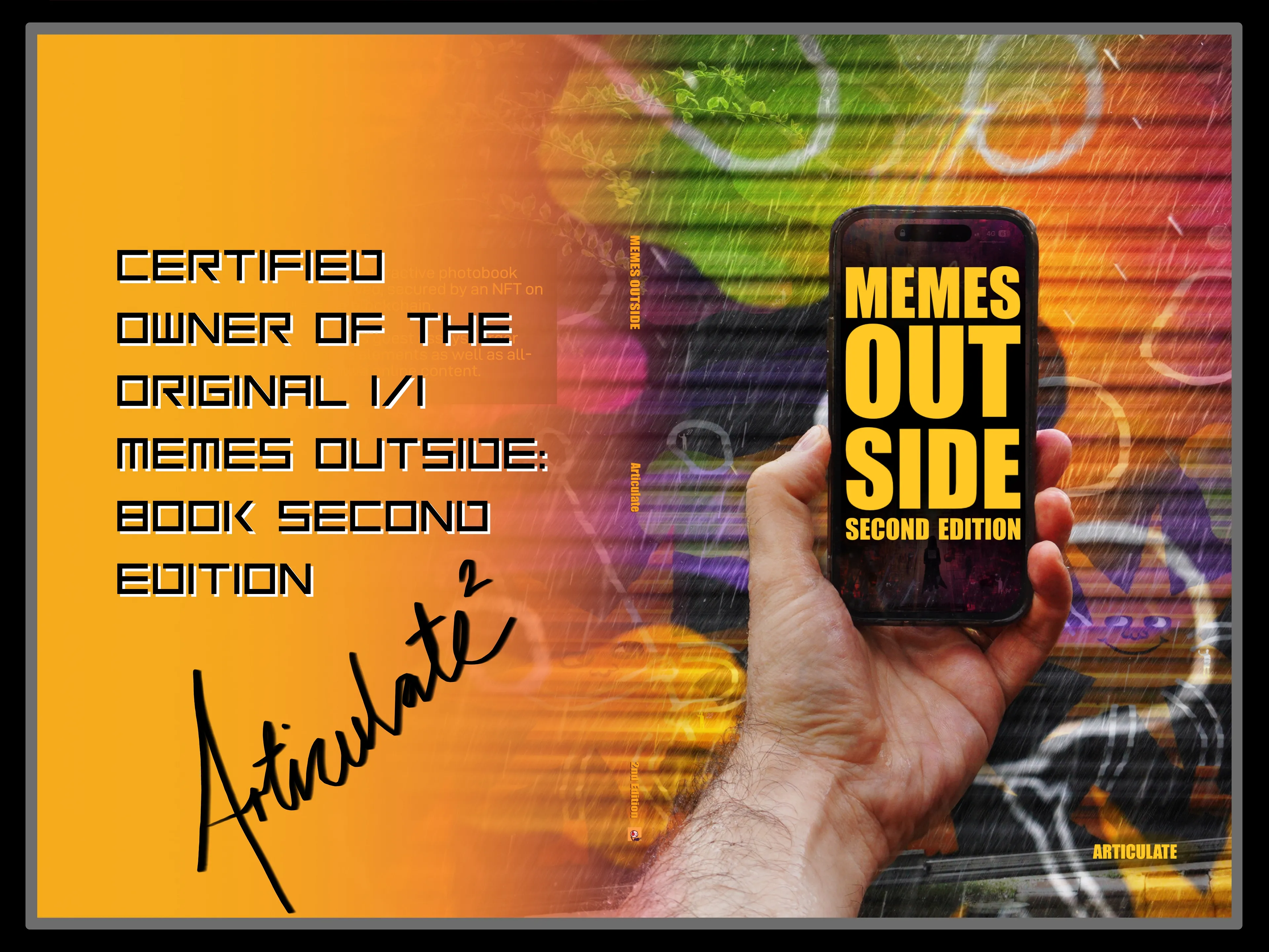 Memes Outside: The Book was the first ever CC0 photography book secured by an ERC-721 token and available on Amazon at cost-price.

The owner of this token is responsible for releasing Memes Outside: The Book 2nd Edition into the world as CC0.

This second edition includes larger photos, guest contributions on Network Art, decentralisation and the 6529 Network, interactive pages to draw one and updated links to immersive online content.

Memes Outside represents a very specific view of art and technology that recognises the power in taking minted art into the outside, offline world.  

Please print, play with, draw on, deface and otherwise interact with this book in ANY way you want.  

If you print your own copies, 100gsm paper for the interior pages is enough to give a pleasant yet cost-effective feel to the book.

For more information visit articulating.art