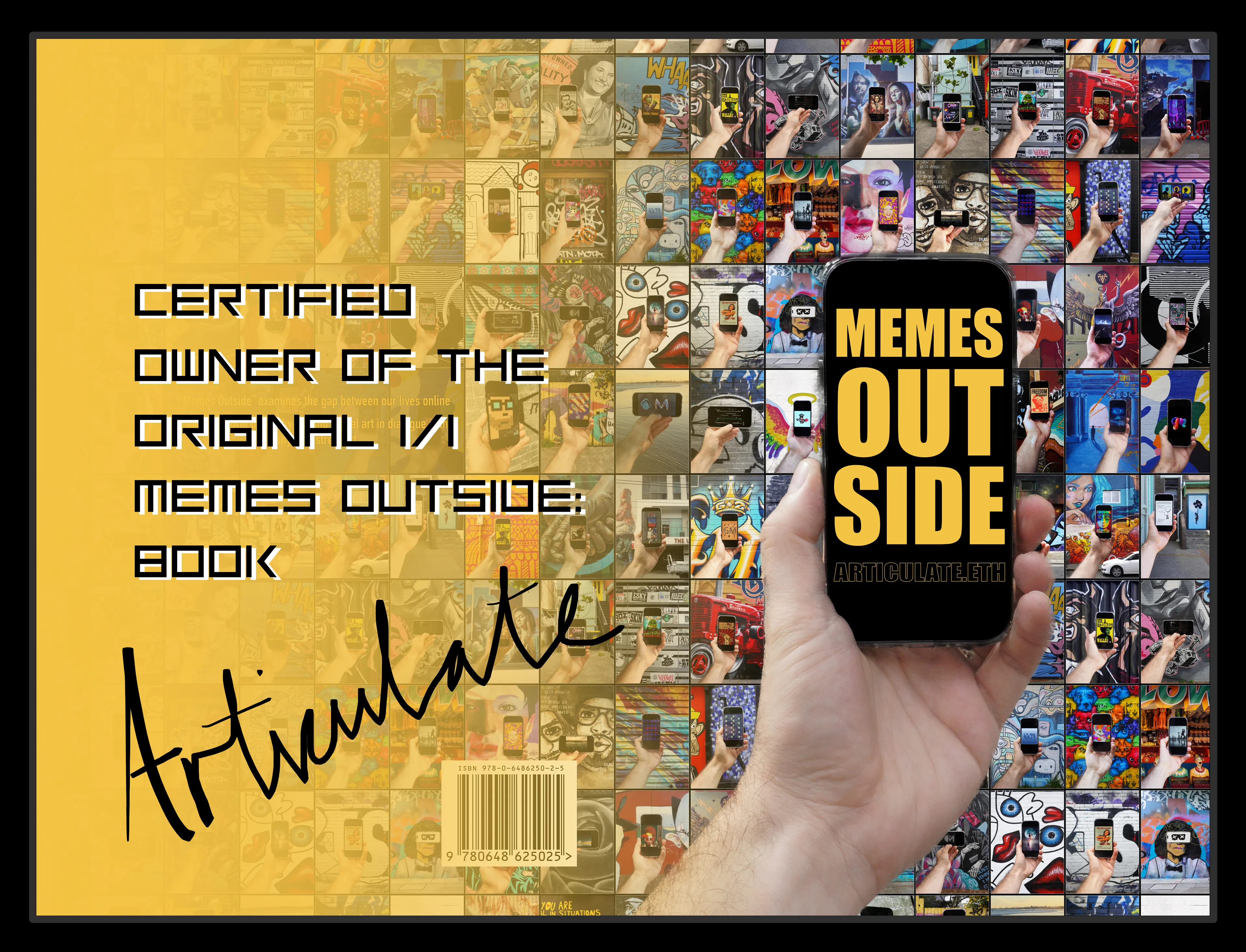“Memes Outside” examines the gap between our lives online and the world offline by placing digital art in dialogue with physical street art.

*"Memes Outside: The Book" is an interactive photobook*

To bridge our online, digital worlds into the offline, physical world we need to bring our memes out from behind the screens they live on.  "Memes Outside: The Book" is a CC0 book that can be printed by anyone, anywhere.

It has been designed as a physical artefact that is intended to be personalised, or in the vocabulary of the blockchain "be made non-fungible".

*The owner of this token is the brave and generous soul who has released this book into the world as CC0.*

Inside its pages is the entire collection of "Memes Outside" with an introduction for your normie friends and QR codes taking you to each piece and further reading.  There is also plenty of white space for you to draw and doodle in.

*How to use this book*

When first printed, this book is identical to all other copies.  
My hope is that you make it uniquely yours.

Mark these pages with pen, pencil, stickers, coffee - anything.  Take it with you out into the world and have an offline adventure.

If the ideas in here spark something in you, please share!  
Details on how to are in the back.

*The Memes Outside Ecosystem*

Visit https://articulating.art to see the entire collection of digital images minted as NFTs. 

If you would like to support the project please buy one of the main collection images and pay royalties, or visit https://app.manifold.xyz/c/memes-outside-open for a Memes Outside poster at 0.005 ETH. 

*Metadata Notes*

This NFT contains links to the Arweave repository of the book in various formats:

 - 6x9 with cover:  the most common format used by Amazon  
 - A5 with and without cover:  A5 is half an A4 page, the most economical format to print on most personal or work printers  
- Link to the 3D-readable model of the book, stored on IPFS and hosted on my own custom node.  If you appreciate the model please consider pinning it to your own IPFS node, and thank you!

Both versions (6x9, A5) have their own internationally valid ISBNs and barcodes.   They should be able to be sold in most bookstores around the world.  

You can order the 6x9 versions via Amazon.com. Search for "Memes Outside Book"  They are priced at the print cost only - no mark-up and no royalties. 

If you print your own copies, 100gsm paper for the interior pages is enough to give a pleasant yet cost-effective feel to the book. 

**Additional Metadata Notes**

This specific token was actually minted in December 2022, when OpenSea threatened artists with a freeze on recognising new contracts.  

This will be the third update to the metadata for this particular token, and for provenance I include the first and second iterations - also stored on Arweave.
