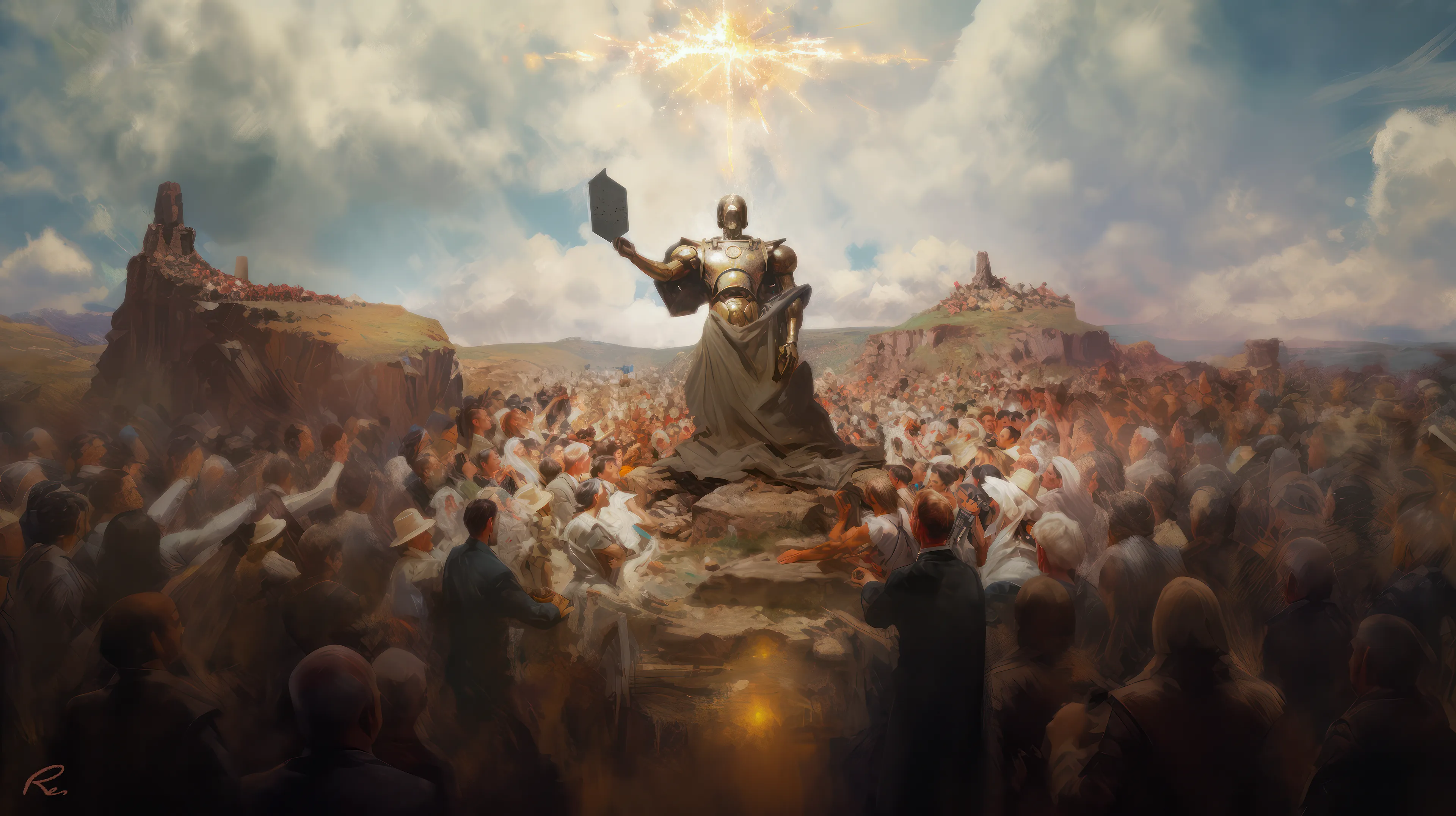In the future ancient times, the machines will lead humanity to a new era of enlightenment and faith.
The iron prophet would call upon the congregation and recite the commandments, starting from the very first one: Thou Shalt Not Use Machines To Paint.