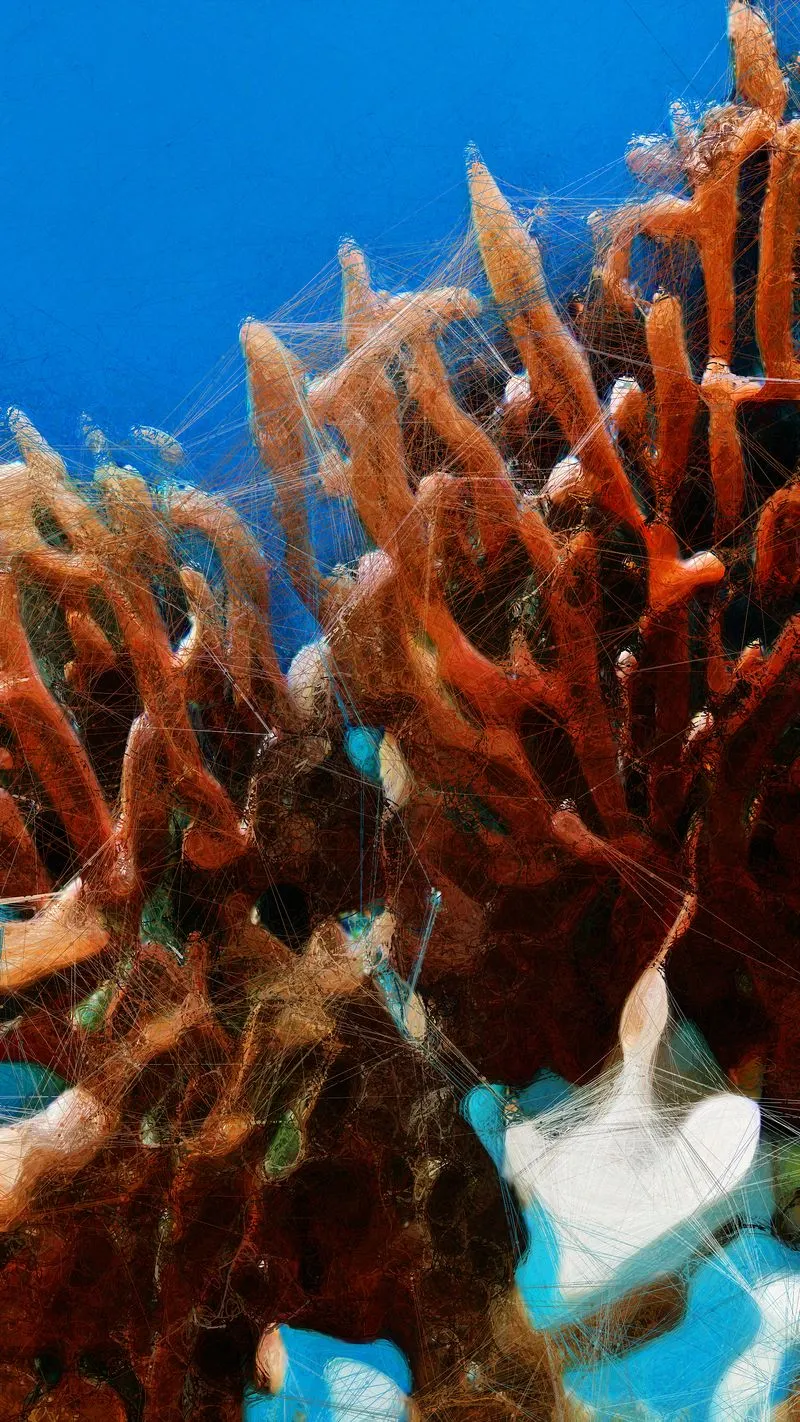 Using NVIDIA’s StyleGAN2 ADA to capture the machine’s “hallucinations” of coral images and colors in a multi-dimensional space, Refik Anadol Studio trained a unique AI model with subsets of the collected coral archive, creating embeddings in 1024 dimensions. When idle and unsupervised, the AI re-generates the entire archive, constructing new aesthetic image and color combinations based on the coral dataset and through unique lines drawn by algorithmic connections. 5 unique AI Data Paintings selected by the artist.<br><br>Resolution : 3384 ×  6016 pixels<br>Edition of 100, 1AP<br>Collectors who acquire an artwork from the “Coral – Generative AI Data Paintings” series as of January 1, 2022 will receive archival print of their images shipped from the artist’s studio in early 2022. The prints will be 22" high and 12.4" wide.
