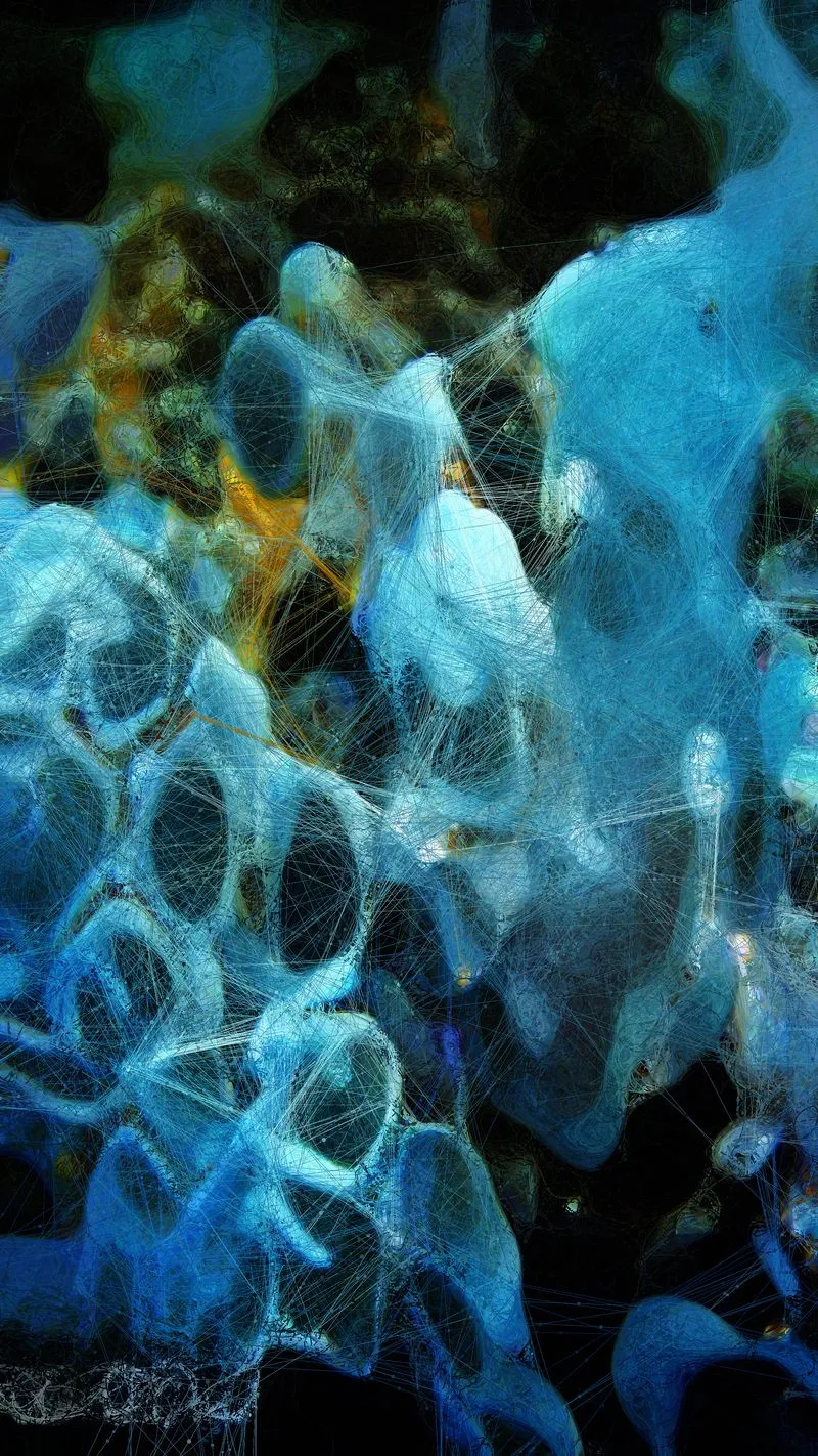 Using NVIDIA’s StyleGAN2 ADA to capture the machine’s “hallucinations” of coral images and colors in a multi-dimensional space, Refik Anadol Studio trained a unique AI model with subsets of the collected coral archive, creating embeddings in 1024 dimensions. When idle and unsupervised, the AI re-generates the entire archive, constructing new aesthetic image and color combinations based on the coral dataset and through unique lines drawn by algorithmic connections. 5 unique AI Data Paintings selected by the artist.<br><br>Resolution : 3384 ×  6016 pixels<br>Edition of 100, 1AP<br>Collectors who acquire an artwork from the “Coral – Generative AI Data Paintings” series as of January 1, 2022 will receive archival print of their images shipped from the artist’s studio in early 2022. The prints will be 22" high and 12.4" wide.