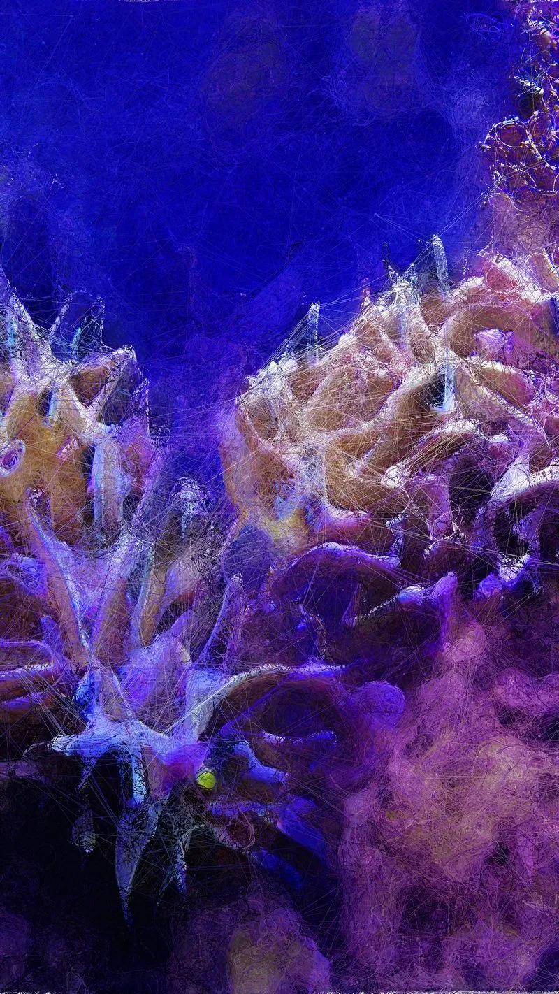 Using NVIDIA’s StyleGAN2 ADA to capture the machine’s “hallucinations” of coral images and colors in a multi-dimensional space, Refik Anadol Studio trained a unique AI model with subsets of the collected coral archive, creating embeddings in 1024 dimensions. When idle and unsupervised, the AI re-generates the entire archive, constructing new aesthetic image and color combinations based on the coral dataset and through unique lines drawn by algorithmic connections. 5 unique AI Data Paintings selected by the artist.<br><br>Resolution : 3384 ×  6016 pixels<br>Edition of 100, 1AP<br>Collectors who acquire an artwork from the “Coral – Generative AI Data Paintings” series as of January 1, 2022 will receive archival print of their images shipped from the artist’s studio in early 2022. The prints will be 22" high and 12.4" wide.