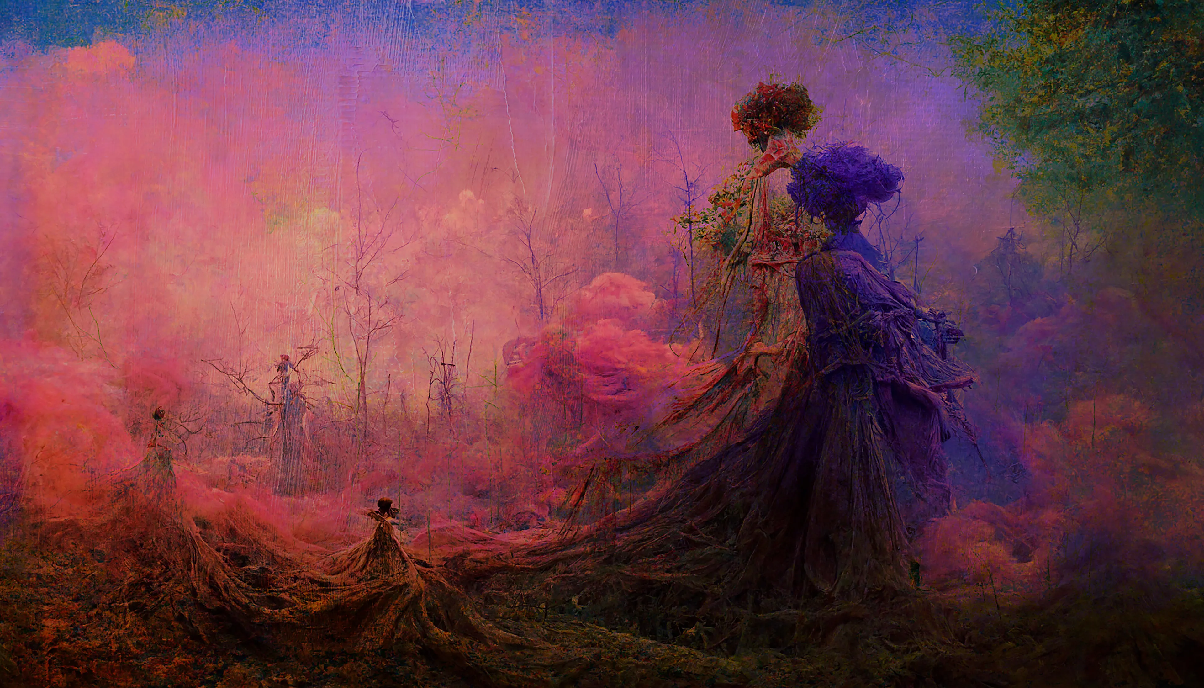 She is becoming one with nature, into the aether...

“Here nature sees her fairest forms more fair;                    Owns them as hers, yet owns herself excelled,                     By what herself produced”
William Gilpin, On Picturesque Beauty, 1794

EVOLUTION
7000 x 4000 px
AI mixed with digital & analog painting.