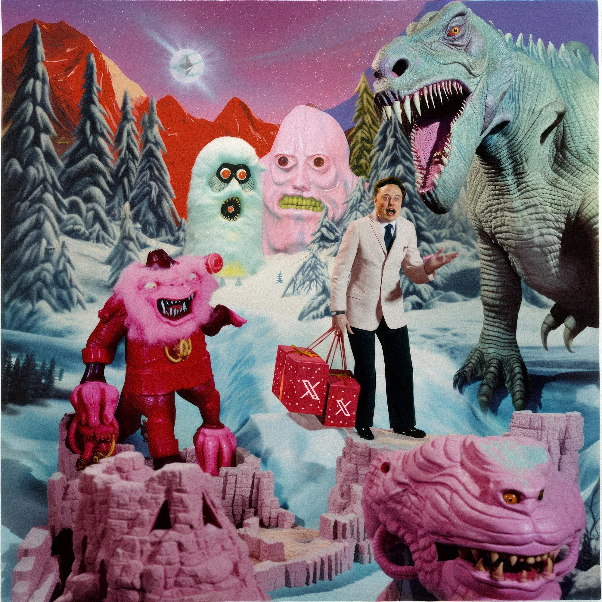 Step into the 'NFT Christmas Village,' where frens monsters celebrate in a snowy wonderland. As the Ethereum moon shines brightly above, the enigmatic Elon Musk delivers 'X'-traordinary gifts to add a touch of crypto-magic to the festivities. This imaginative artwork invites you to embrace the holiday spirit with a dash of blockchain fantasy.

Winner of the Open Call & Exhibited at @Beeple Studios for the « CRYPTO WINTER WONDERLAND » 2023.