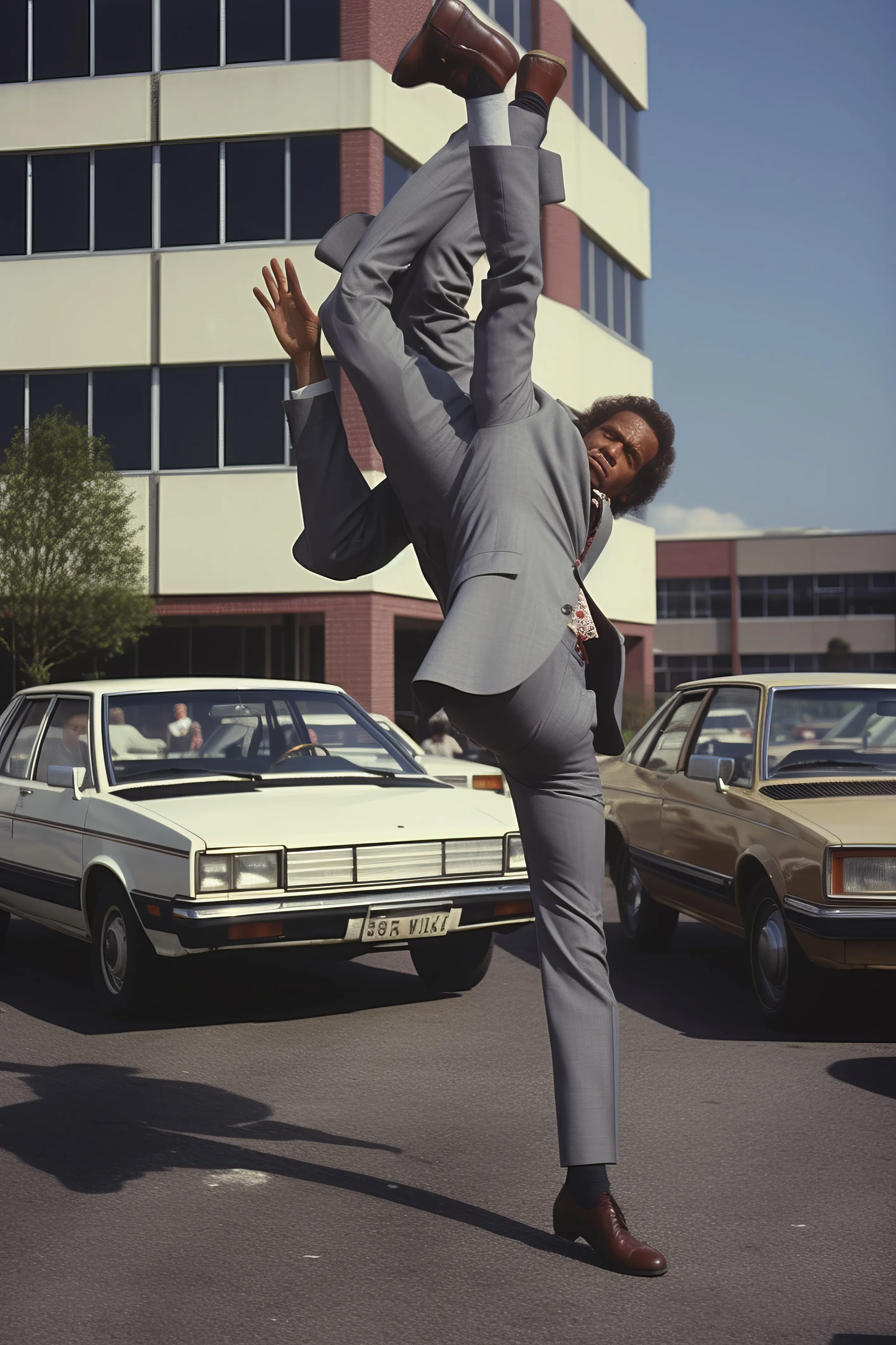 "Corporate Limbo" whimsically captures an office worker's contortions on a parking lot, a surreal dance of modern work life. This piece, a blend of post-photography and surrealism, questions conformity and individuality within the corporate world. As you explore this artwork, consider the boundaries we navigate in our pursuit of success, sparking reflections on both our roles and identities within professional landscapes.

Bio : Le Moon is an AI artist with a creative background in Video production based in Nice, France. Her work expresses her memories, fears and dreams in a nostalgic and disturbing style.