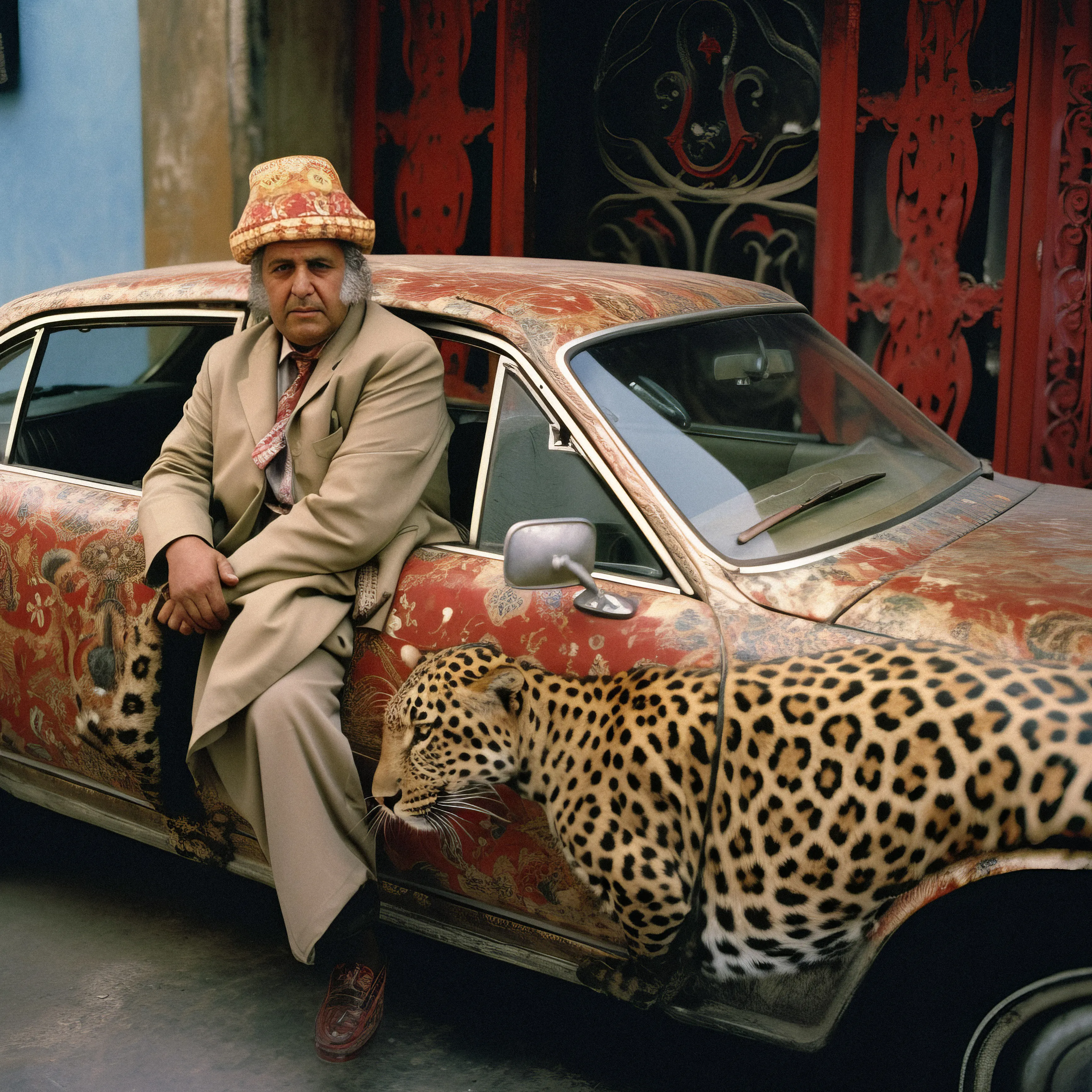 Jaguar presents an uncanny scene of AI post-photography, blending a man, his pet jaguar, and a crimson car. The image evokes a surreal, glitchy beauty, reminiscent of memories tied to a red Jaguar, paying homage to my father's legacy.

Made with Midjourney, edited with Photoshop, Lightroom and Topaz Photo.

Bio : LeMoon is an AI artist with a creative background in TV production and video game marketing based in Nice, France. Her work expresses her memories, personal experiences, fears and dreams in a nostalgic and disturbing style. Her art explores themes of the unconventional and the surreal, crafting a unique approach she labels absurd realism.