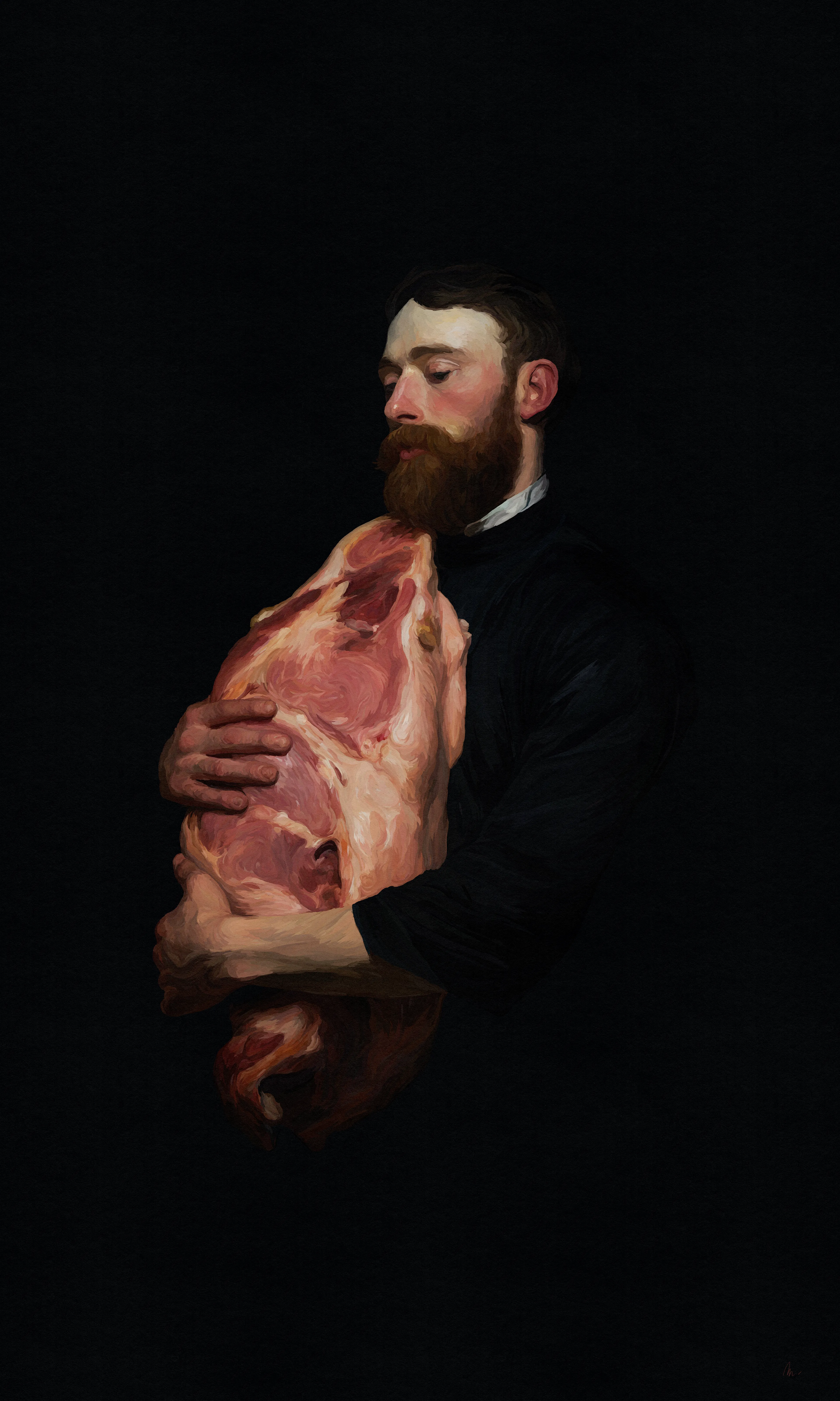Embraced in arms, the final scene,  
Where meat and man in shadows lean,  
In this union, truths convene,  
The final cut, both harsh and keen.


Each artwork in 'A piece of me(at)' collection is a chapter in a larger story, interweaving with a short story that peels back the layers of the artist's psyche. Together, these four paintings form a narrative as unapologetic and raw as the life it mirrors.

JPEG: 12000 x 20000 pixels

Created and Executed by Mannay (2023)