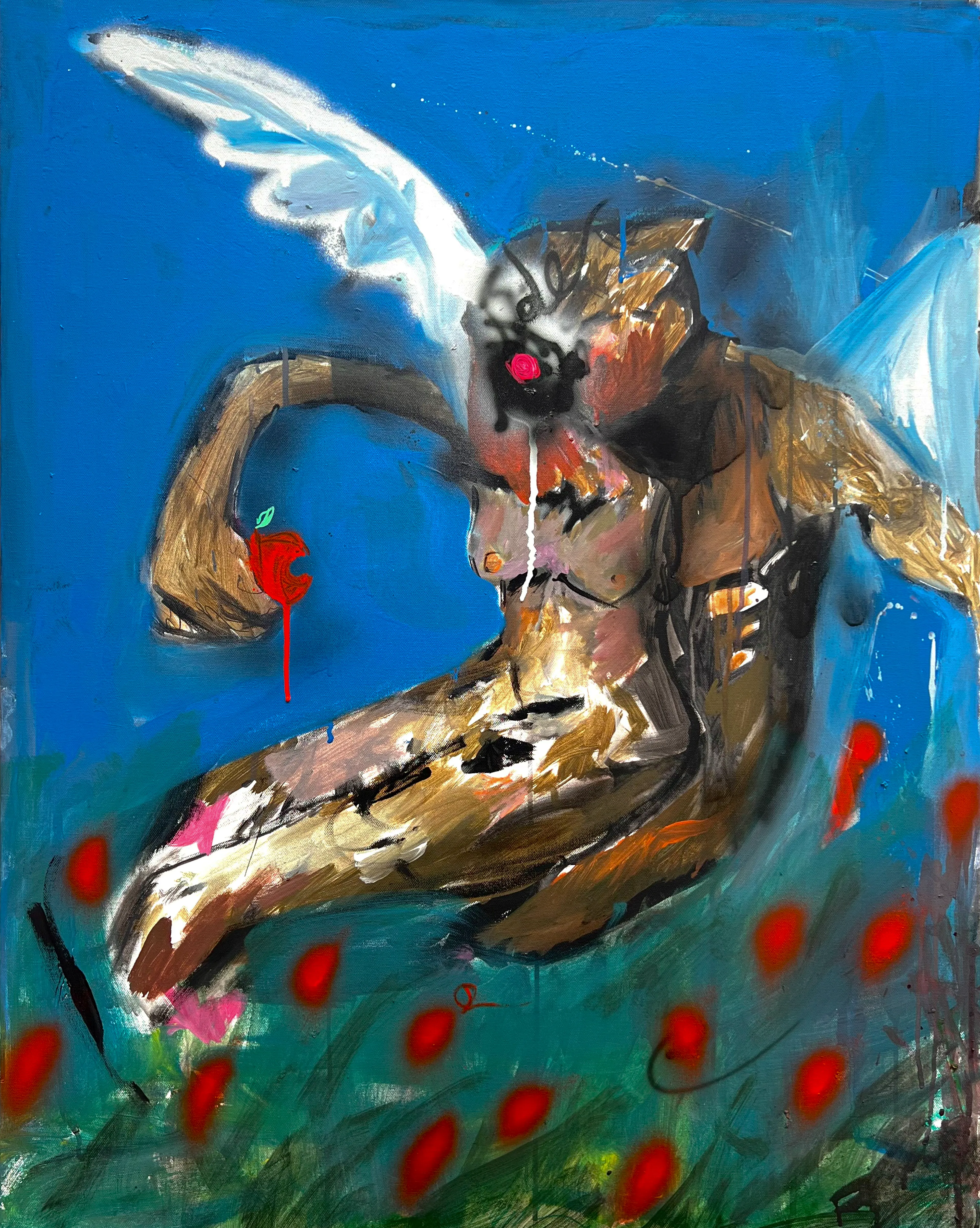 Painting made in collaboration with A.I depicting Eve after biting the fruit of knowledge.