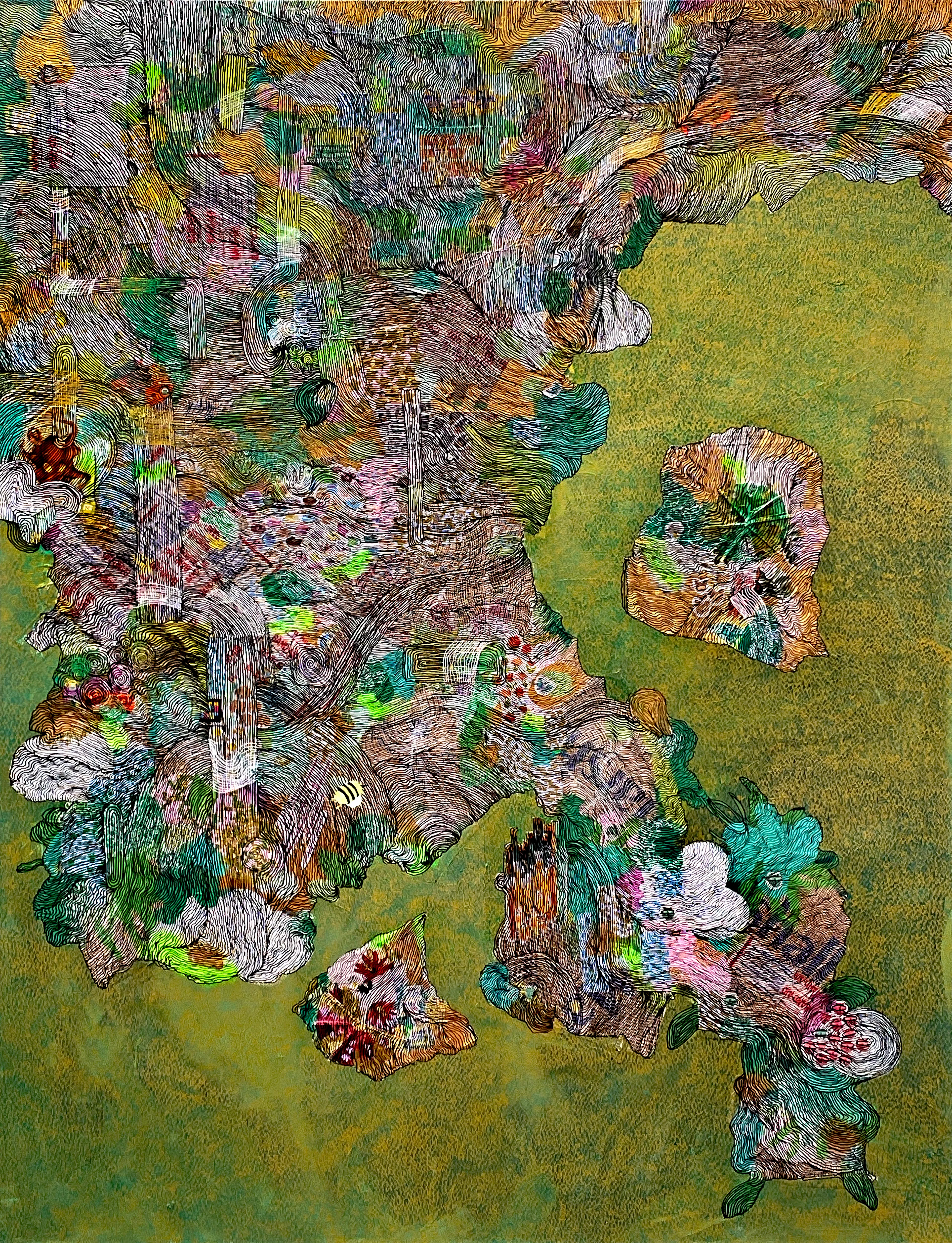 Mixed media on Canvas, 3' X 4'.  
Physical option. Free delivery within approximately 3 hours of NYC or shipping additional. The photo of the piece may look slightly different in person. DM on X for details. More detail photos available upon request.

by Jennifer Panepinto aka Quantum Spirit

Fluere is a new body of work by multidisciplinary artist Jennifer Panepinto, also known as Quantum Spirit. Born from an intentional departure from the digital realm, this series represents a return to the tactile, the imperfect, and the meditative. Conceived as an experiment in unlearning, these paintings reflect Panepinto’s process of dismantling the structured methods instilled through art school, reconnecting instead with an intuitive, childlike sense of wonder.

Influenced by outsider art and the joy of discovery found in Highlights magazine’s hidden-object illustrations, Fluere invites viewers to slow down, explore, and uncover the treasures nestled within each composition. Layers of mark-making, collage, and found materials transform the surface into a visual scavenger hunt—a landscape of symbols, textures, and emotional residue.

Drawing from her background in graphic design, Panepinto incorporates everyday printed materials and fragments of packaging—objects often overlooked but rich in human effort and care. Even items associated with healing, such as bandage wrappers, are repurposed as extensions of comfort and transformation, offering subtle meditations on anxiety, vulnerability, and repair.

Each mark flows like a stream of consciousness—unguarded, unjudged, and deeply personal. The repetition of lines becomes both a meditative practice and a metaphorical mesh that holds the chaos of reality together. Gold surfaces glint through layers of color, echoing ancient artifacts and the spiritual allure of the unknown, while playful hues evoke emotional resonance and a sense of levity.

Rooted in curiosity about the metaphysical and the mundane alike, Fluere celebrates the act of searching—whether for meaning, for beauty, or for connection. It shines a light on the ordinary, transforming the overlooked into something sacred. The series rejects pretension and welcomes all who approach it, offering a playful yet profound space where the physical and spiritual quietly intertwine.