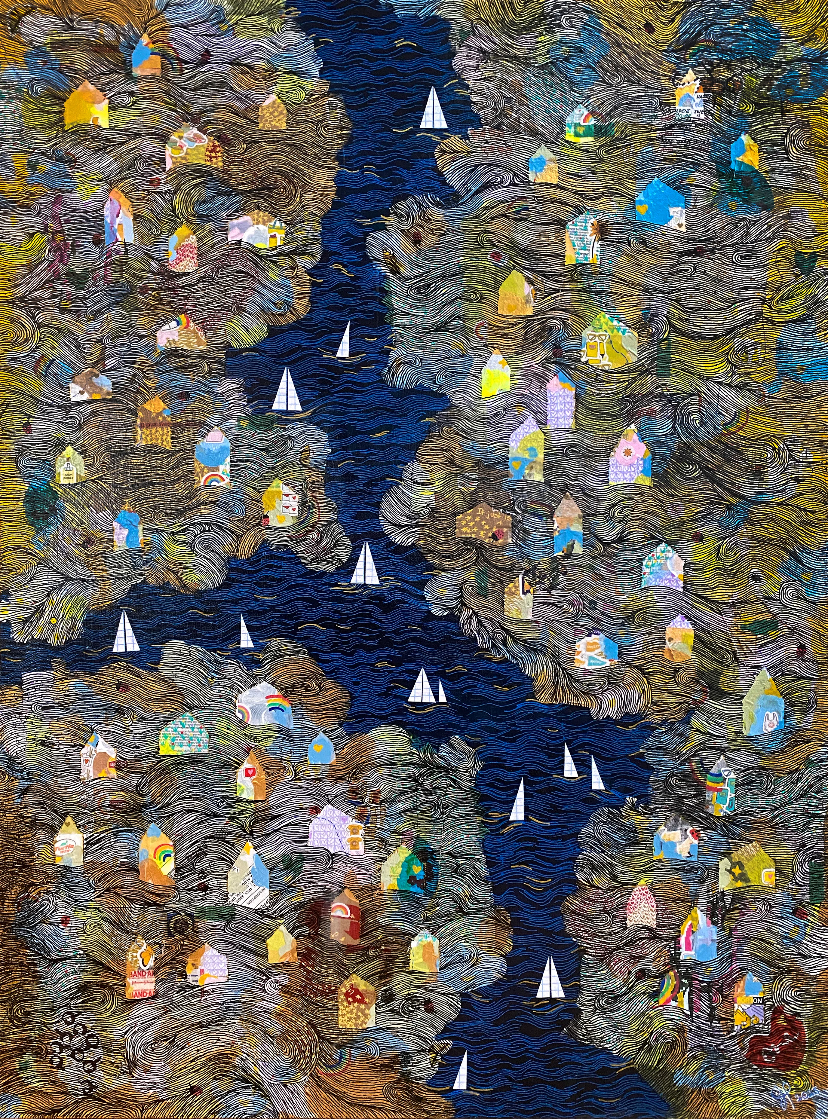 Mixed media on Canvas, 30" X 40".  On Exhibit with One Love Art DAO at the Gates Hotel in Miami, FL December 4th 2025.  
Physical option. The photo of the piece may look slightly different in person. DM on X for details. More detail photos available upon request.

by Jennifer Panepinto aka Quantum Spirit

Fluere is a new body of work by multidisciplinary artist Jennifer Panepinto, also known as Quantum Spirit. Born from an intentional departure from the digital realm, this series represents a return to the tactile, the imperfect, and the meditative. Conceived as an experiment in unlearning, these paintings reflect Panepinto’s process of dismantling the structured methods instilled through art school, reconnecting instead with an intuitive, childlike sense of wonder.

Influenced by outsider art and the joy of discovery found in Highlights magazine’s hidden-object illustrations, Fluere invites viewers to slow down, explore, and uncover the treasures nestled within each composition. Layers of mark-making, collage, and found materials transform the surface into a visual scavenger hunt—a landscape of symbols, textures, and emotional residue.

Drawing from her background in graphic design, Panepinto incorporates everyday printed materials and fragments of packaging—objects often overlooked but rich in human effort and care. Even items associated with healing, such as bandage wrappers, are repurposed as extensions of comfort and transformation, offering subtle meditations on anxiety, vulnerability, and repair.

Each mark flows like a stream of consciousness—unguarded, unjudged, and deeply personal. The repetition of lines becomes both a meditative practice and a metaphorical mesh that holds the chaos of reality together. Gold surfaces glint through layers of color, echoing ancient artifacts and the spiritual allure of the unknown, while playful hues evoke emotional resonance and a sense of levity.

Rooted in curiosity about the metaphysical and the mundane alike, Fluere celebrates the act of searching—whether for meaning, for beauty, or for connection. It shines a light on the ordinary, transforming the overlooked into something sacred. The series rejects pretension and welcomes all who approach it, offering a playful yet profound space where the physical and spiritual quietly intertwine.