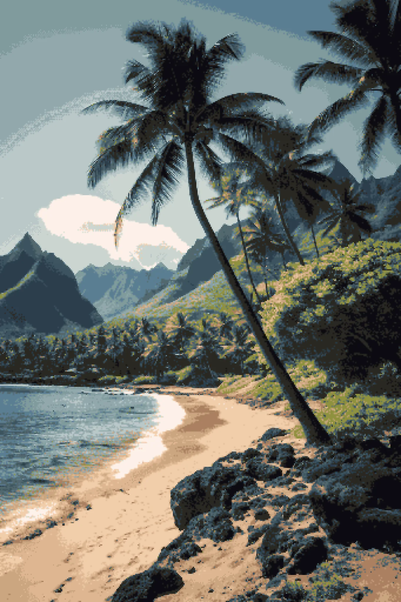 hello or goodbye? whatever it is, we're glad we're here.

Midjourney: a Hawaiian beach landscape --no people --ar 2:3
Dither: Stark 8x8, Luma comparison, 16 color RGB Quant (wide, luma) palette

56.4kb