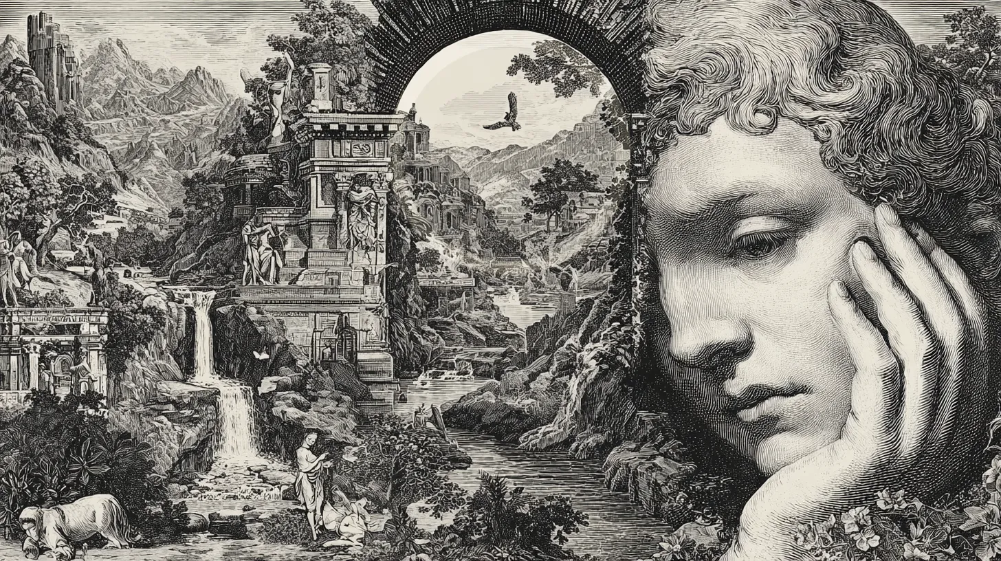 A gaze that lingers beyond time.
Ruins breathe, waters whisper.
The past intrudes, the present dissolves.
Memory, both wound and refuge.