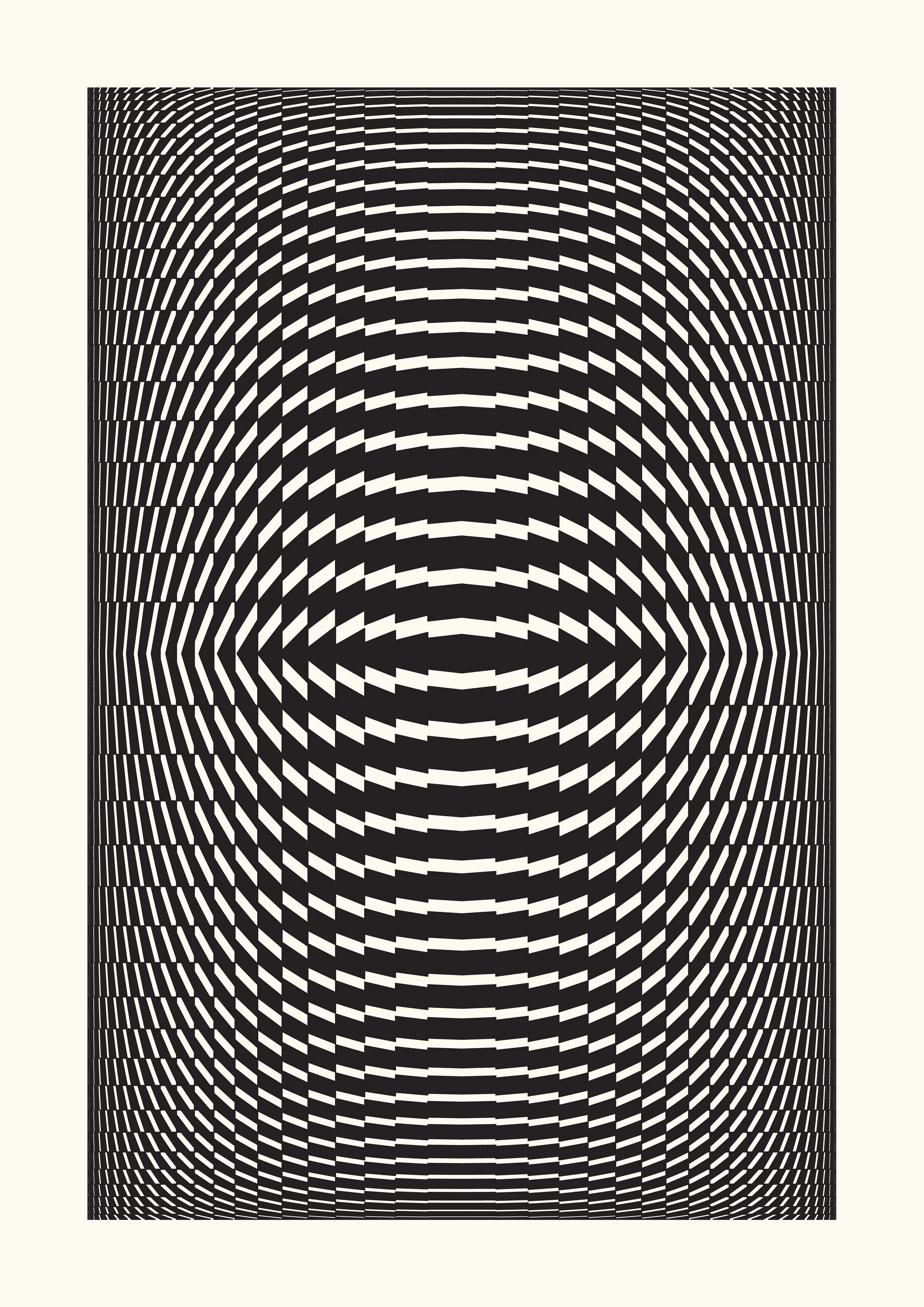 The Generative Design Studies series draws inspiration from the foundations of geometric abstraction and op art, paying homage to renowned artists like Bridget Riley, Victor Vasarely, and Richard Anuszkiewicz.

The aim is to examine how basic, static shapes and different perspectives can create the impression of warped space, captivating the viewer and directing their gaze. This process blurs the distinction between three-dimensional and two-dimensional spaces within the artwork.

Building on this is the introduction of an autonomous generative system, through a self-coded algorithm that can randomly rearrange shapes within a grid, including lines, circles, squares, and triangles, while also varying their points of origin, adding dimensions to the work whilst also creating an infinite number of artworks.

From these outputs, the artist has carefully curated a selection, to then offer a meticulous rendering on paper by using a pen plotter.

Digital: 5658x8000px PNG
Plot: A2