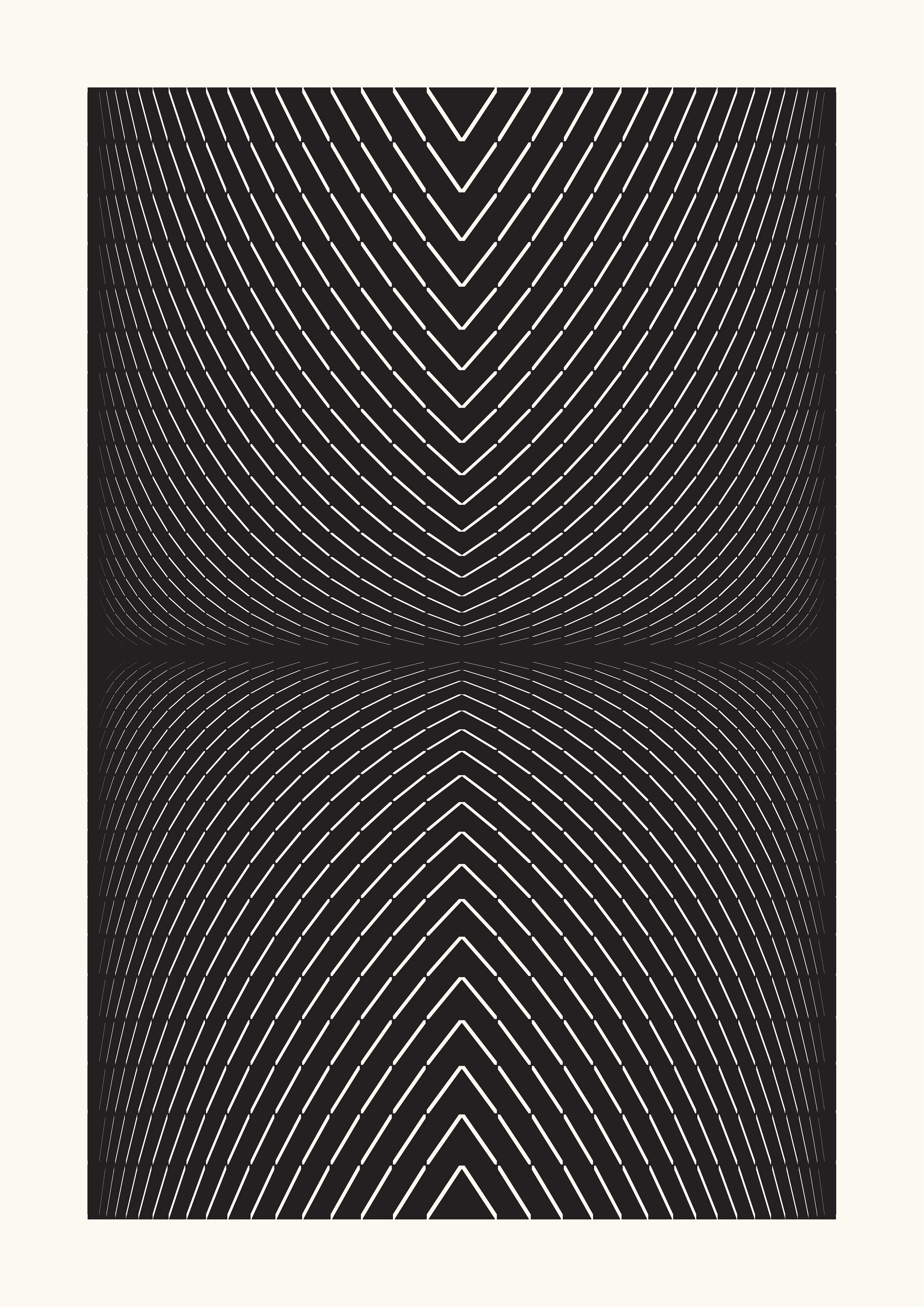 The Generative Design Studies series draws inspiration from the foundations of geometric abstraction and op art, paying homage to renowned artists like Bridget Riley, Victor Vasarely, and Richard Anuszkiewicz.

The aim is to examine how basic, static shapes and different perspectives can create the impression of warped space, captivating the viewer and directing their gaze. This process blurs the distinction between three-dimensional and two-dimensional spaces within the artwork.

Building on this is the introduction of an autonomous generative system, through a self-coded algorithm that can randomly rearrange shapes within a grid, including lines, circles, squares, and triangles, while also varying their points of origin, adding dimensions to the work whilst also creating an infinite number of artworks.

From these outputs, the artist has carefully curated a selection, to then offer a meticulous rendering on paper by using a pen plotter.

Digital: 5658x8000px PNG
Plot: A2