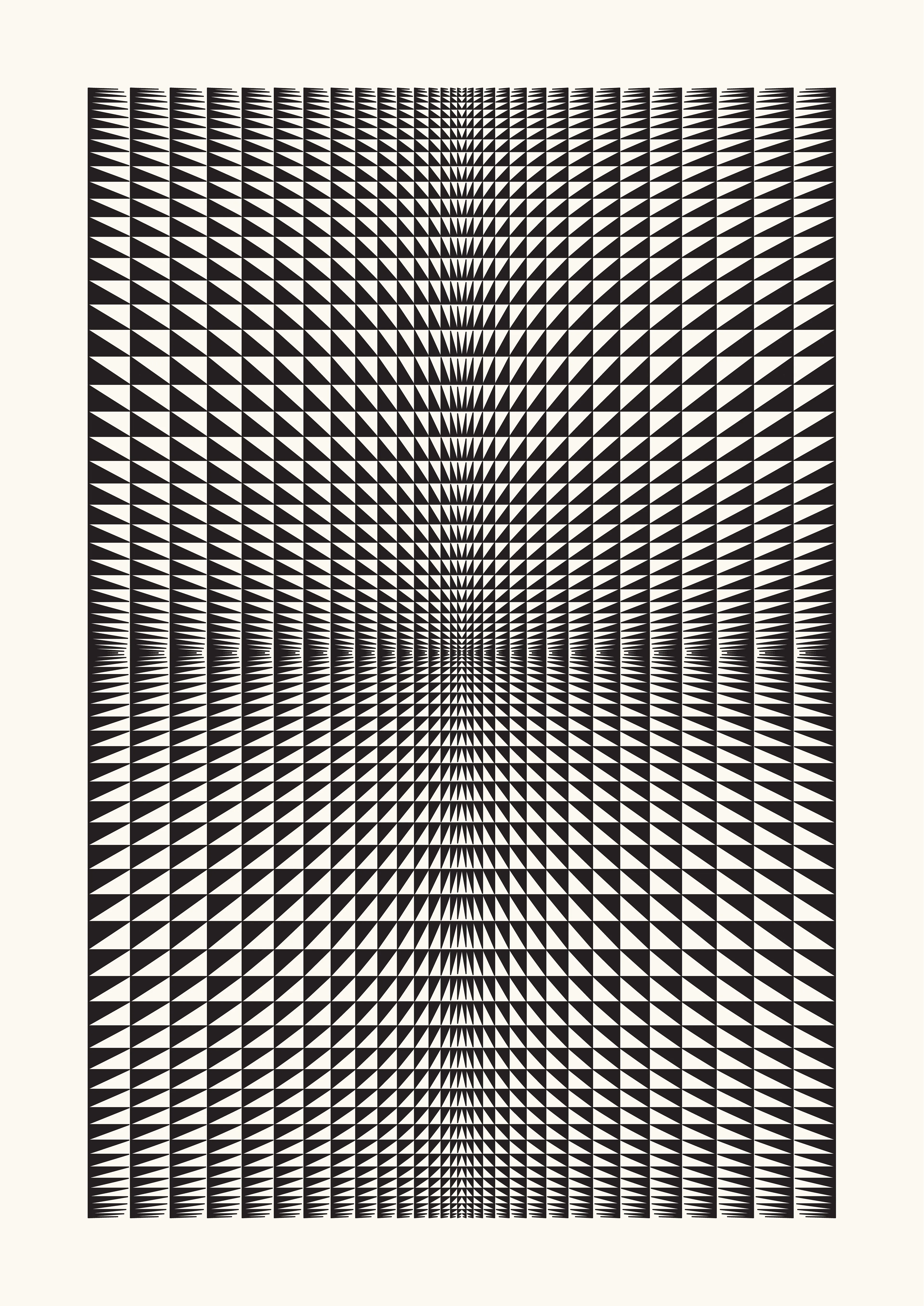 The Generative Design Studies series draws inspiration from the foundations of geometric abstraction and op art, paying homage to renowned artists like Bridget Riley, Victor Vasarely, and Richard Anuszkiewicz.

The aim is to examine how basic, static shapes and different perspectives can create the impression of warped space, captivating the viewer and directing their gaze. This process blurs the distinction between three-dimensional and two-dimensional spaces within the artwork.

Building on this is the introduction of an autonomous generative system, through a self-coded algorithm that can randomly rearrange shapes within a grid, including lines, circles, squares, and triangles, while also varying their points of origin, adding dimensions to the work whilst also creating an infinite number of artworks.

From these outputs, the artist has carefully curated a selection, to then offer a meticulous rendering on paper by using a pen plotter.

Digital: 5658x8000px PNG
Plot: A2