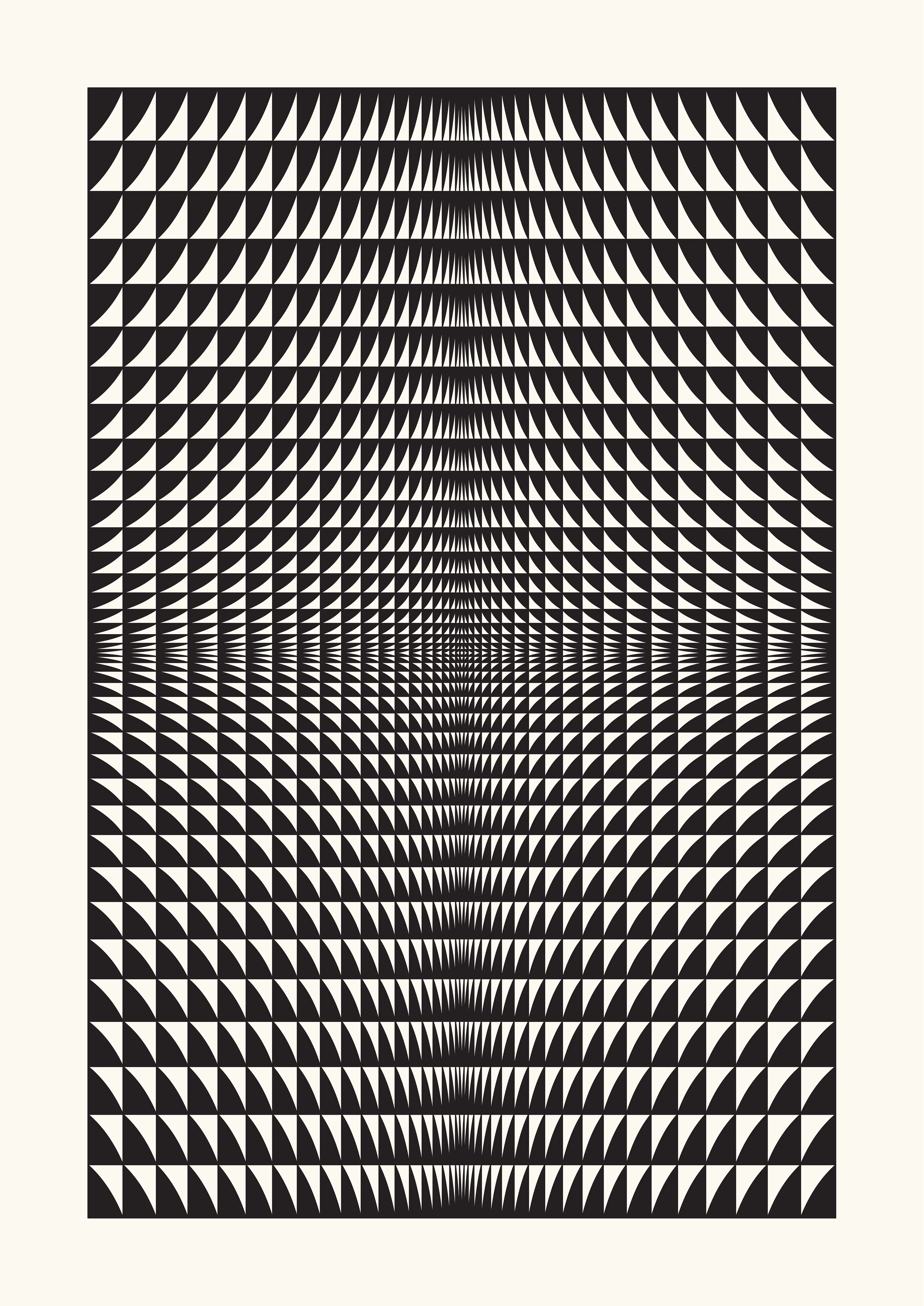 The Generative Design Studies series draws inspiration from the foundations of geometric abstraction and op art, paying homage to renowned artists like Bridget Riley, Victor Vasarely, and Richard Anuszkiewicz.

The aim is to examine how basic, static shapes and different perspectives can create the impression of warped space, captivating the viewer and directing their gaze. This process blurs the distinction between three-dimensional and two-dimensional spaces within the artwork.

Building on this is the introduction of an autonomous generative system, through a self-coded algorithm that can randomly rearrange shapes within a grid, including lines, circles, squares, and triangles, while also varying their points of origin, adding dimensions to the work whilst also creating an infinite number of artworks.

From these outputs, the artist has carefully curated a selection, to then offer a meticulous rendering on paper by using a pen plotter.

Digital: 5658x8000px PNG
Plot: A2