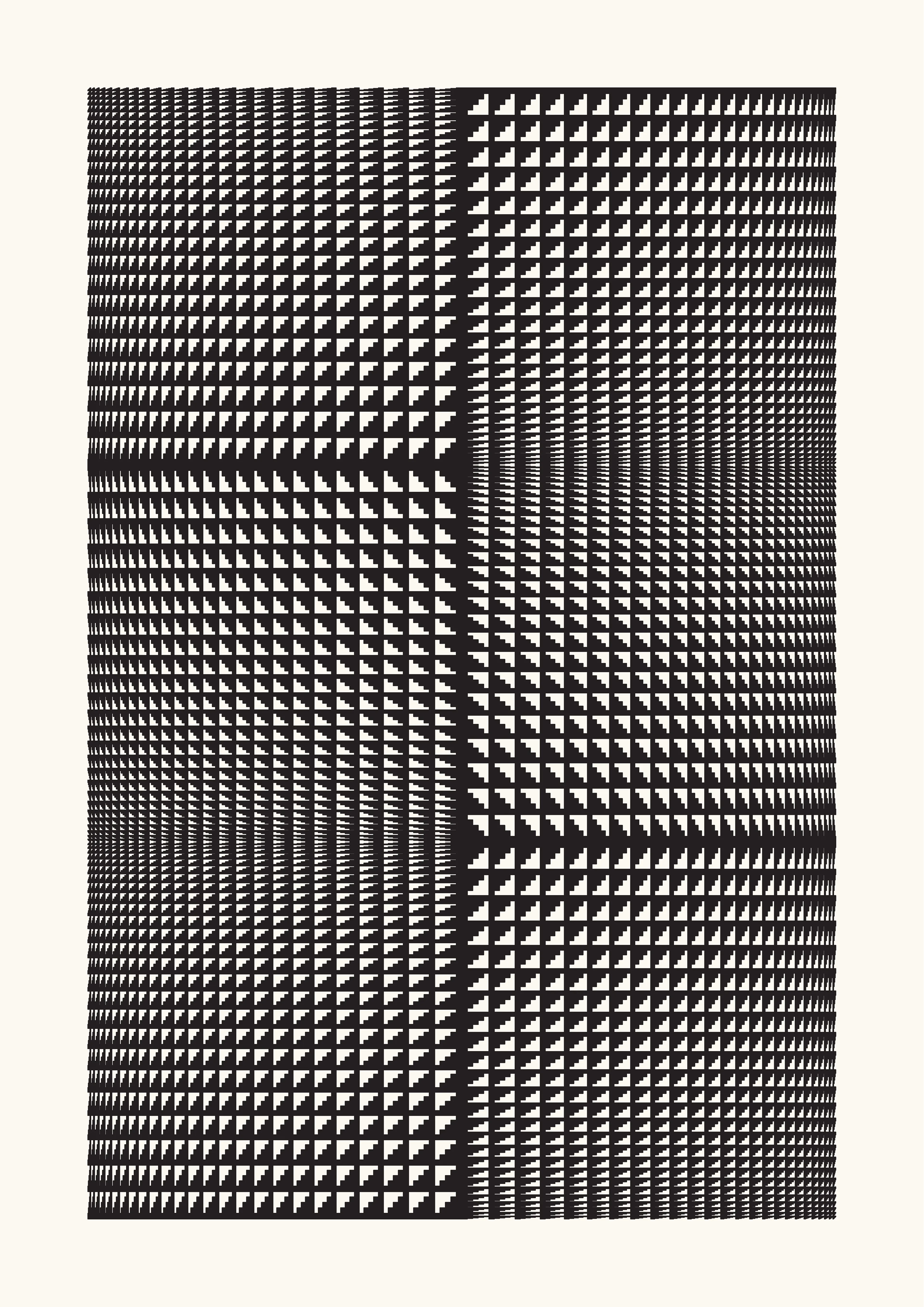 The Generative Design Studies series draws inspiration from the foundations of geometric abstraction and op art, paying homage to renowned artists like Bridget Riley, Victor Vasarely, and Richard Anuszkiewicz.

The aim is to examine how basic, static shapes and different perspectives can create the impression of warped space, captivating the viewer and directing their gaze. This process blurs the distinction between three-dimensional and two-dimensional spaces within the artwork.

Building on this is the introduction of an autonomous generative system, through a self-coded algorithm that can randomly rearrange shapes within a grid, including lines, circles, squares, and triangles, while also varying their points of origin, adding dimensions to the work whilst also creating an infinite number of artworks.

From these outputs, the artist has carefully curated a selection, to then offer a meticulous rendering on paper by using a pen plotter.

Digital: 5658x8000px PNG
Plot: A2