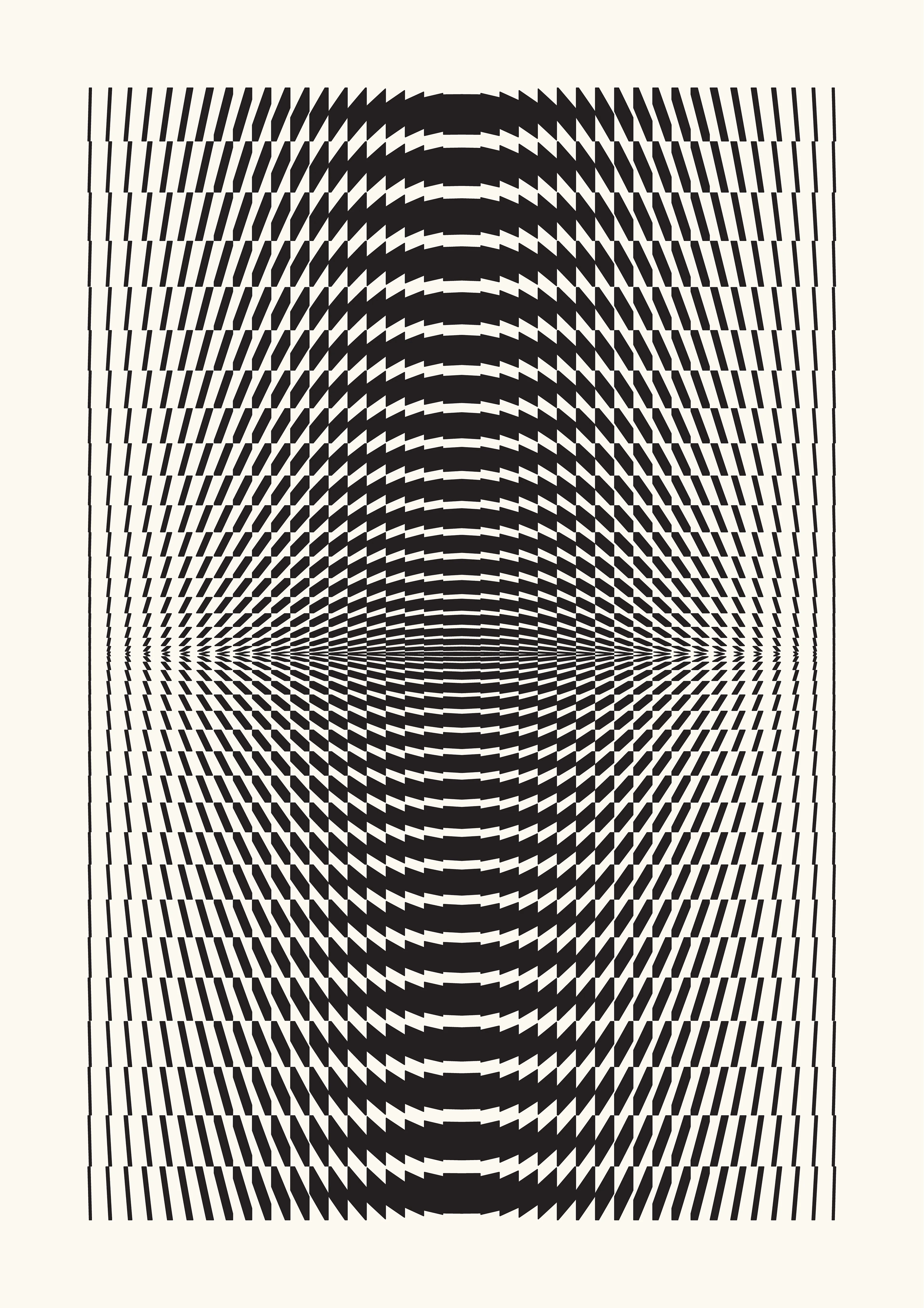 The Generative Design Studies series draws inspiration from the foundations of geometric abstraction and op art, paying homage to renowned artists like Bridget Riley, Victor Vasarely, and Richard Anuszkiewicz.

The aim is to examine how basic, static shapes and different perspectives can create the impression of warped space, captivating the viewer and directing their gaze. This process blurs the distinction between three-dimensional and two-dimensional spaces within the artwork.

Building on this is the introduction of an autonomous generative system, through a self-coded algorithm that can randomly rearrange shapes within a grid, including lines, circles, squares, and triangles, while also varying their points of origin, adding dimensions to the work whilst also creating an infinite number of artworks.

From these outputs, the artist has carefully curated a selection, to then offer a meticulous rendering on paper by using a pen plotter.

Digital: 5658x8000px PNG
Plot: A2