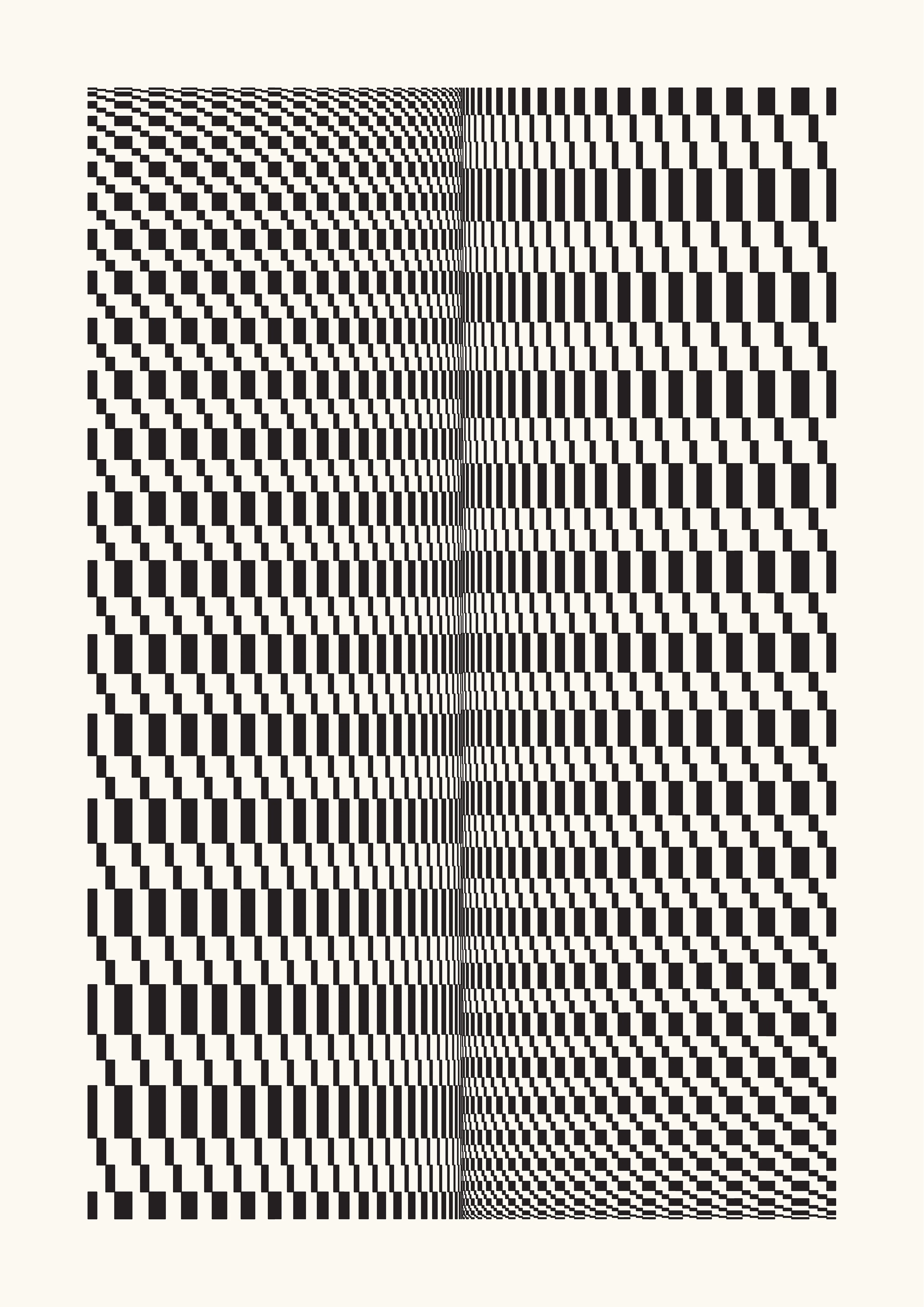 The Generative Design Studies series draws inspiration from the foundations of geometric abstraction and op art, paying homage to renowned artists like Bridget Riley, Victor Vasarely, and Richard Anuszkiewicz.

The aim is to examine how basic, static shapes and different perspectives can create the impression of warped space, captivating the viewer and directing their gaze. This process blurs the distinction between three-dimensional and two-dimensional spaces within the artwork.

Building on this is the introduction of an autonomous generative system, through a self-coded algorithm that can randomly rearrange shapes within a grid, including lines, circles, squares, and triangles, while also varying their points of origin, adding dimensions to the work whilst also creating an infinite number of artworks.

From these outputs, the artist has carefully curated a selection, to then offer a meticulous rendering on paper by using a pen plotter.

Digital: 5658x8000px PNG
Plot: A2